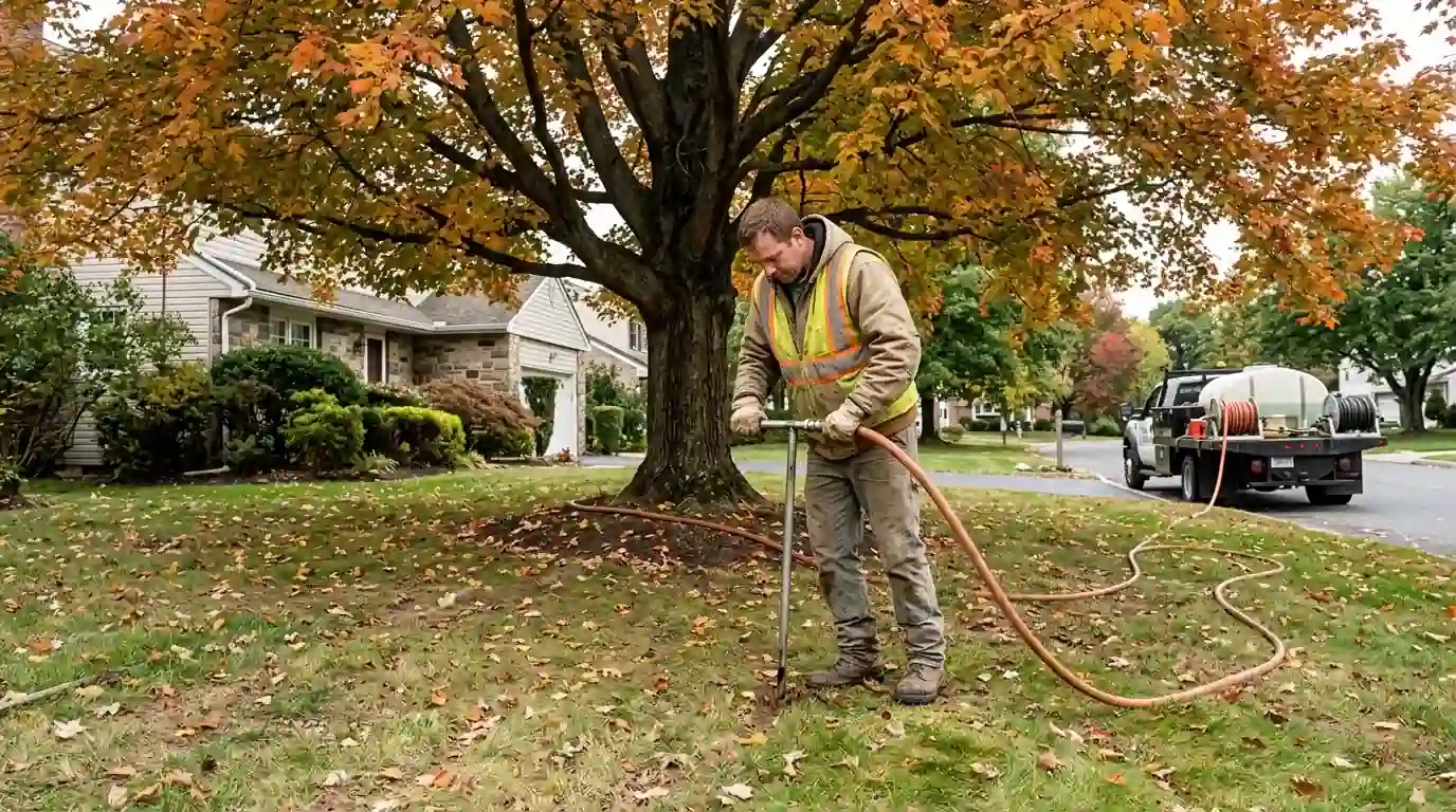Liquid fertilizer being injected into the soil under a maple
