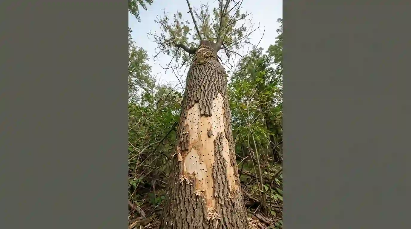 Ash trunk with woodpecker-flaked bark and D-shaped exit holes