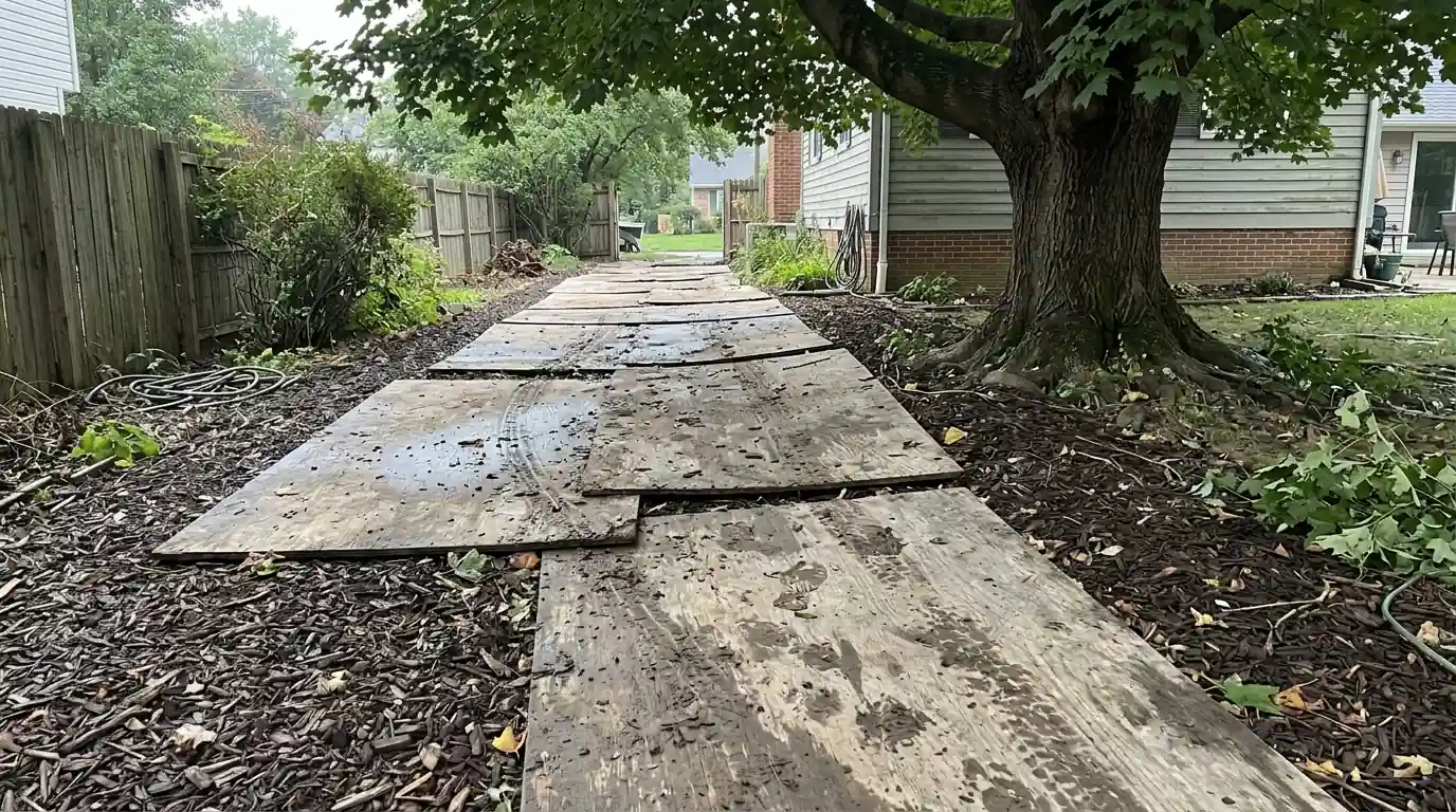 Plywood over wood chips protecting tree roots on a construction access path