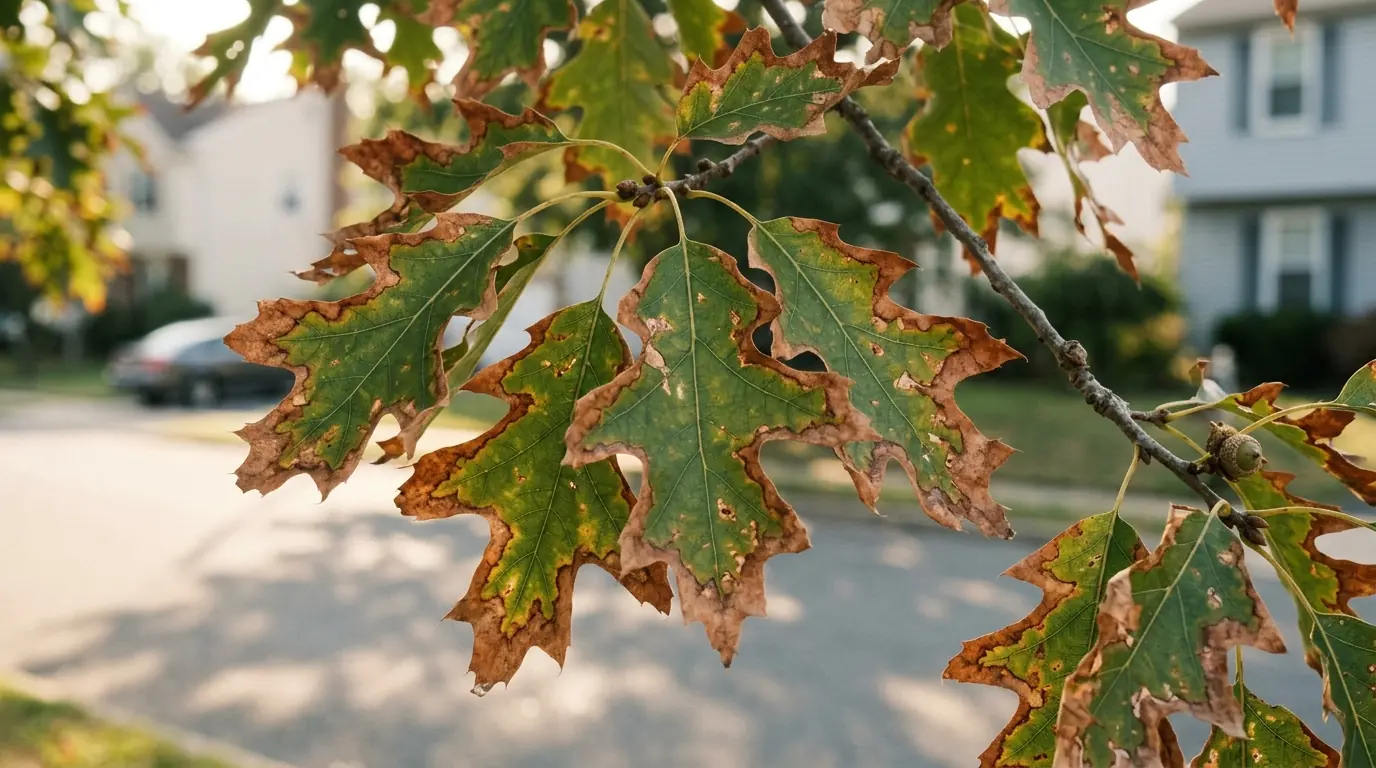 Oak leaves with browned edges from bacterial leaf scorch in late summer