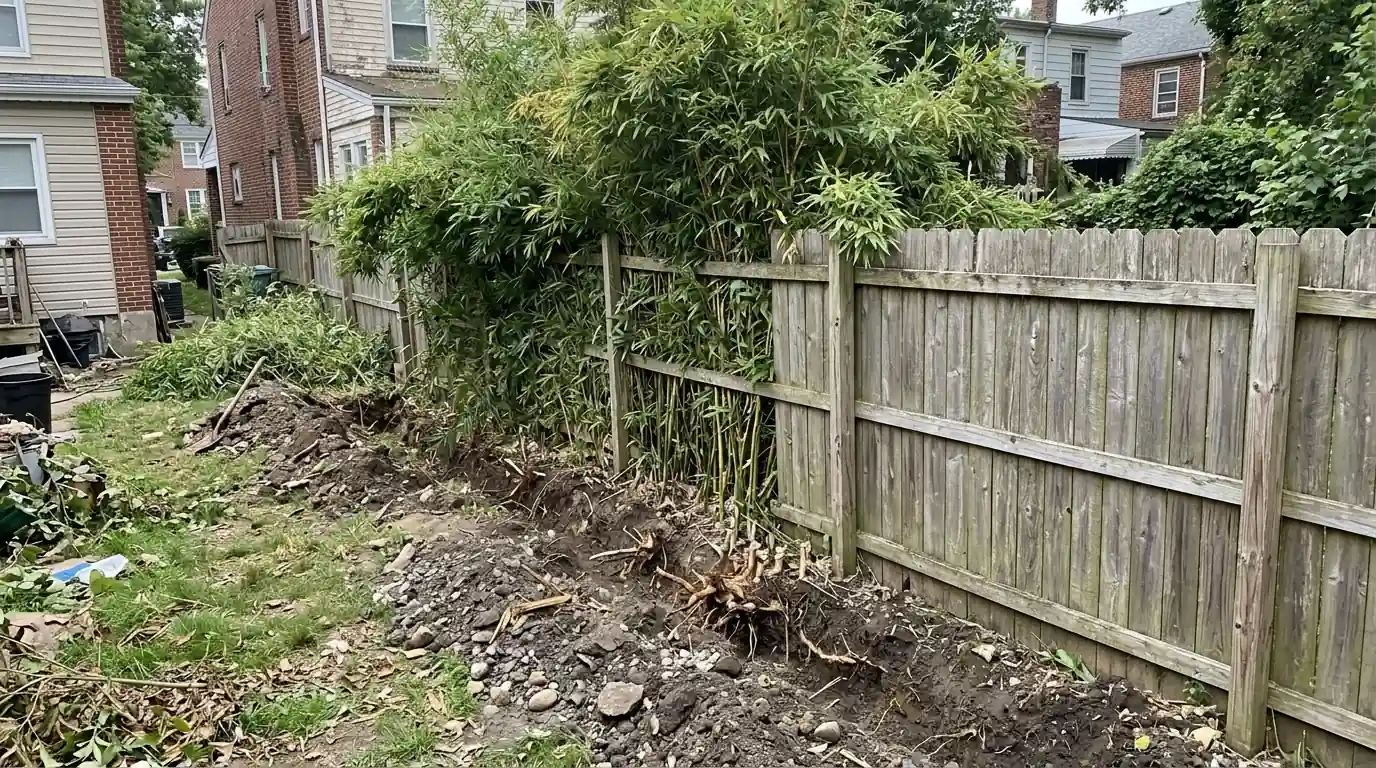 Running bamboo pushing under a wooden fence with a fresh trench dug along the line