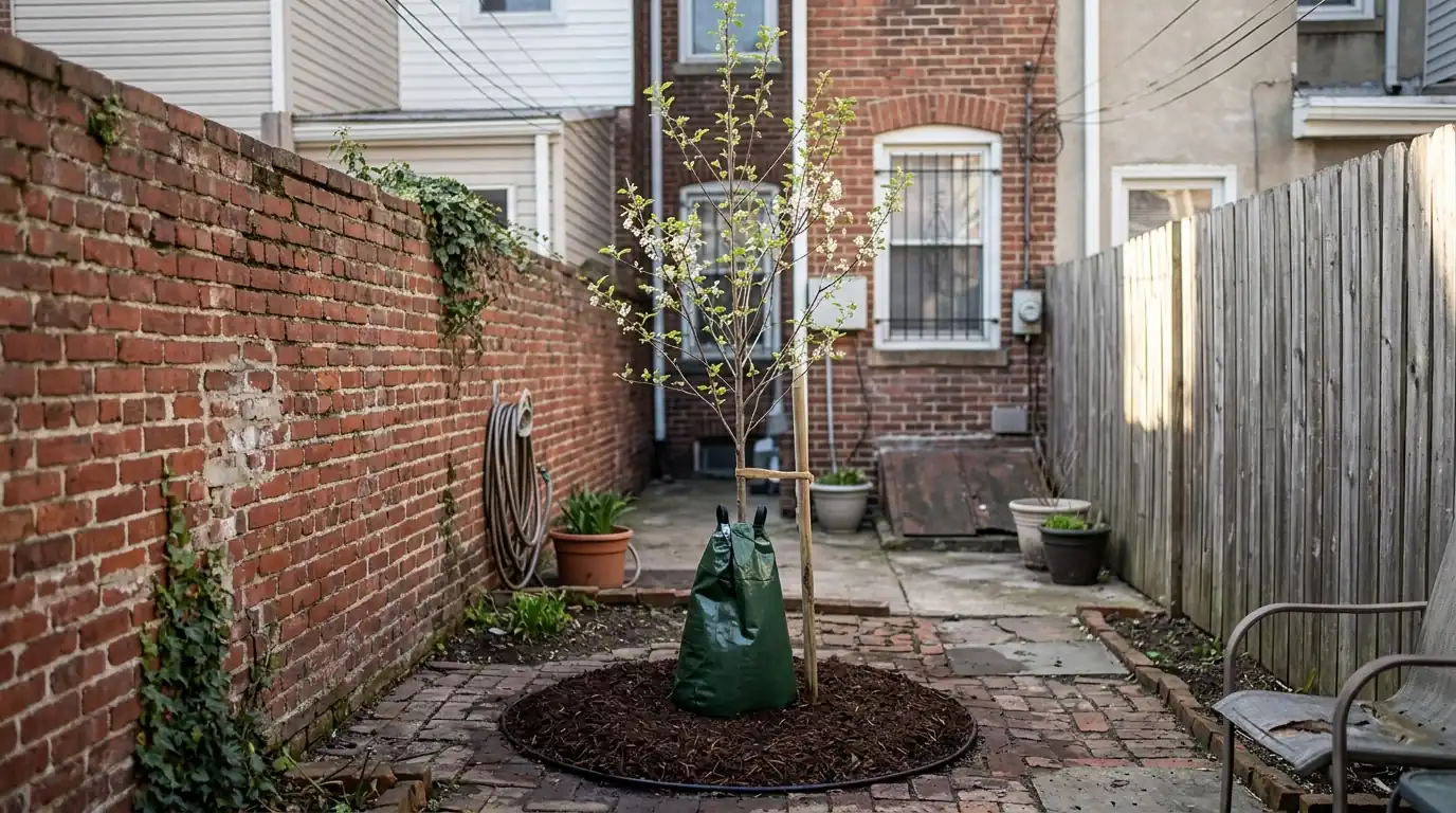 Newly planted small tree in a mulch ring in a brick-walled rowhome backyard