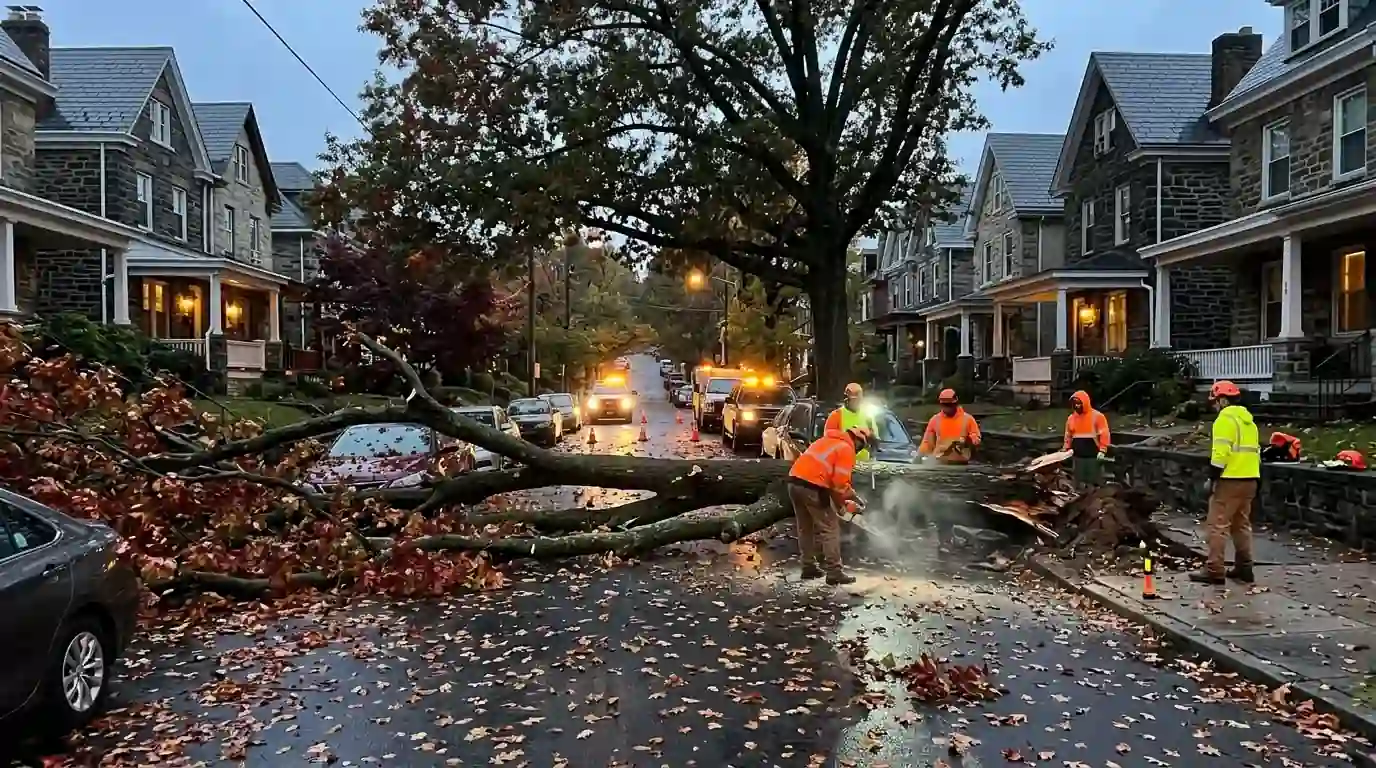 Storm-felled tree lying across a residential street lined with stone houses