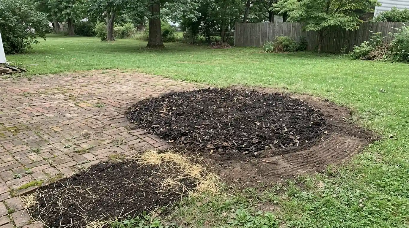 Ground-out stump spot filled with wood chips beside a brick patio