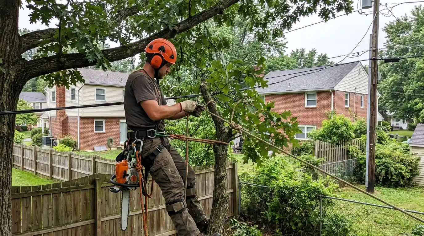 Climber tying off a branch beside a service wire before cutting it