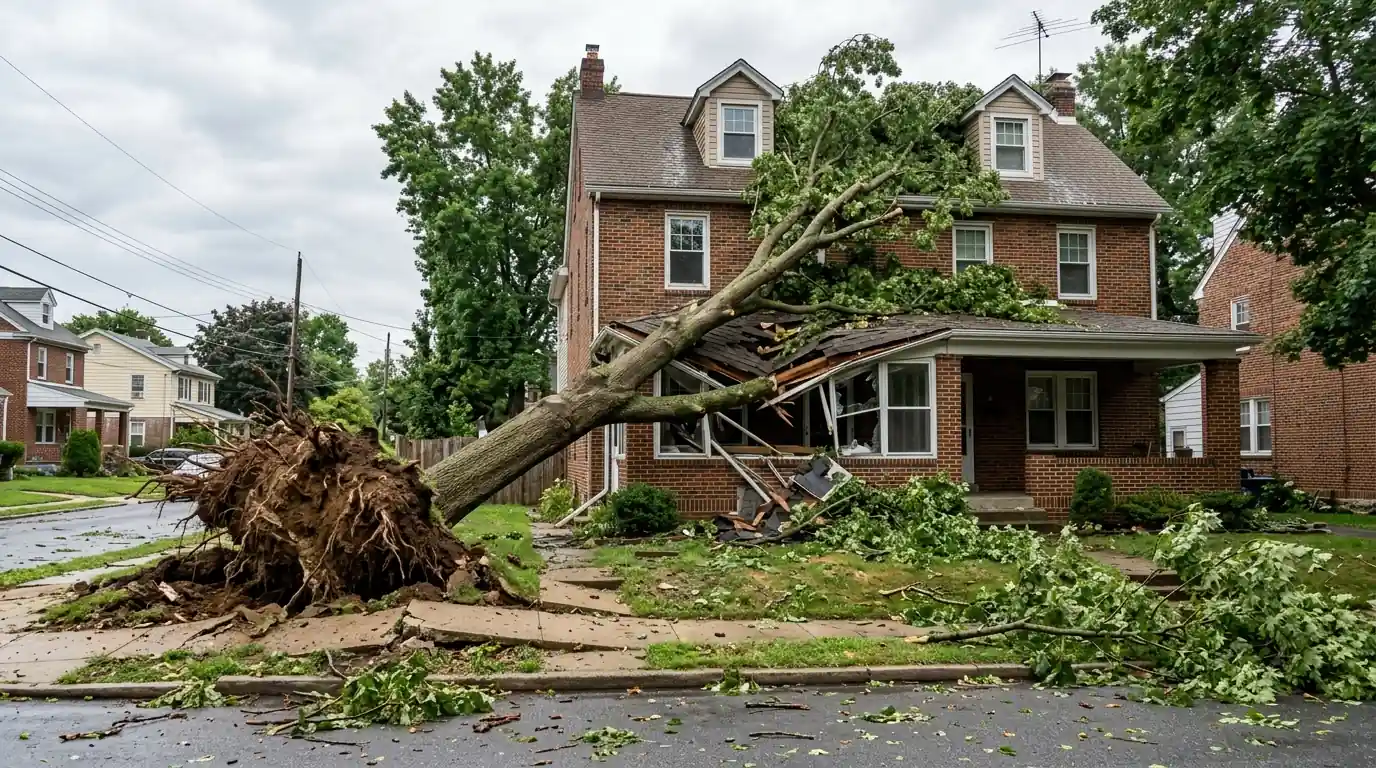Uprooted shade tree resting on the crushed roof of an enclosed front porch