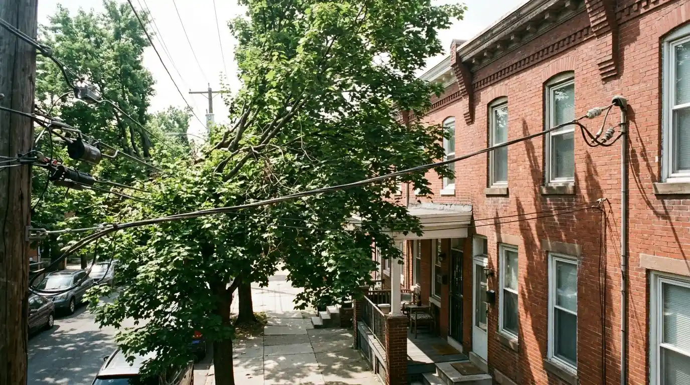 Service drop wire running from a pole to a brick twin home through maple branches