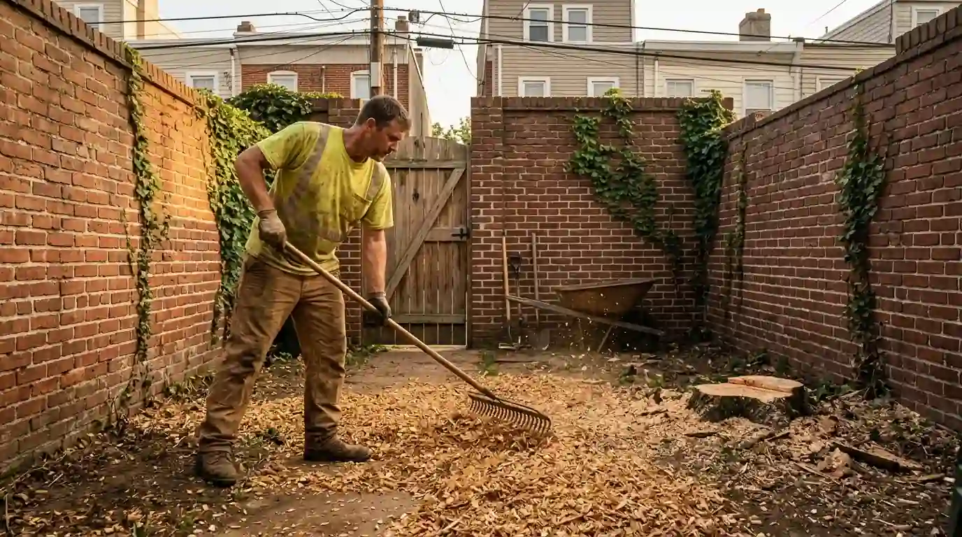 Worker raking wood chips in a small walled rowhome backyard after a tree removal