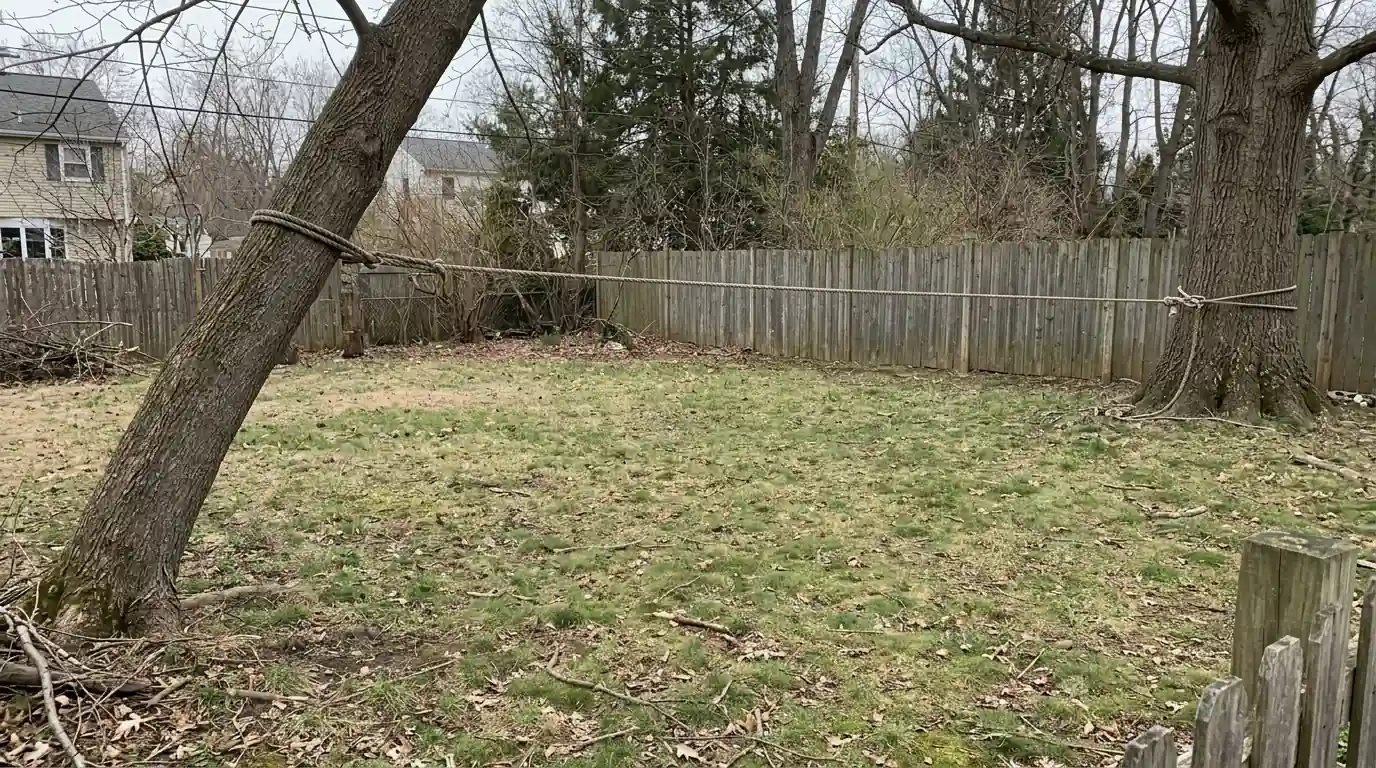 Pulling rope stretched from a leaning maple to an anchor tree across a backyard