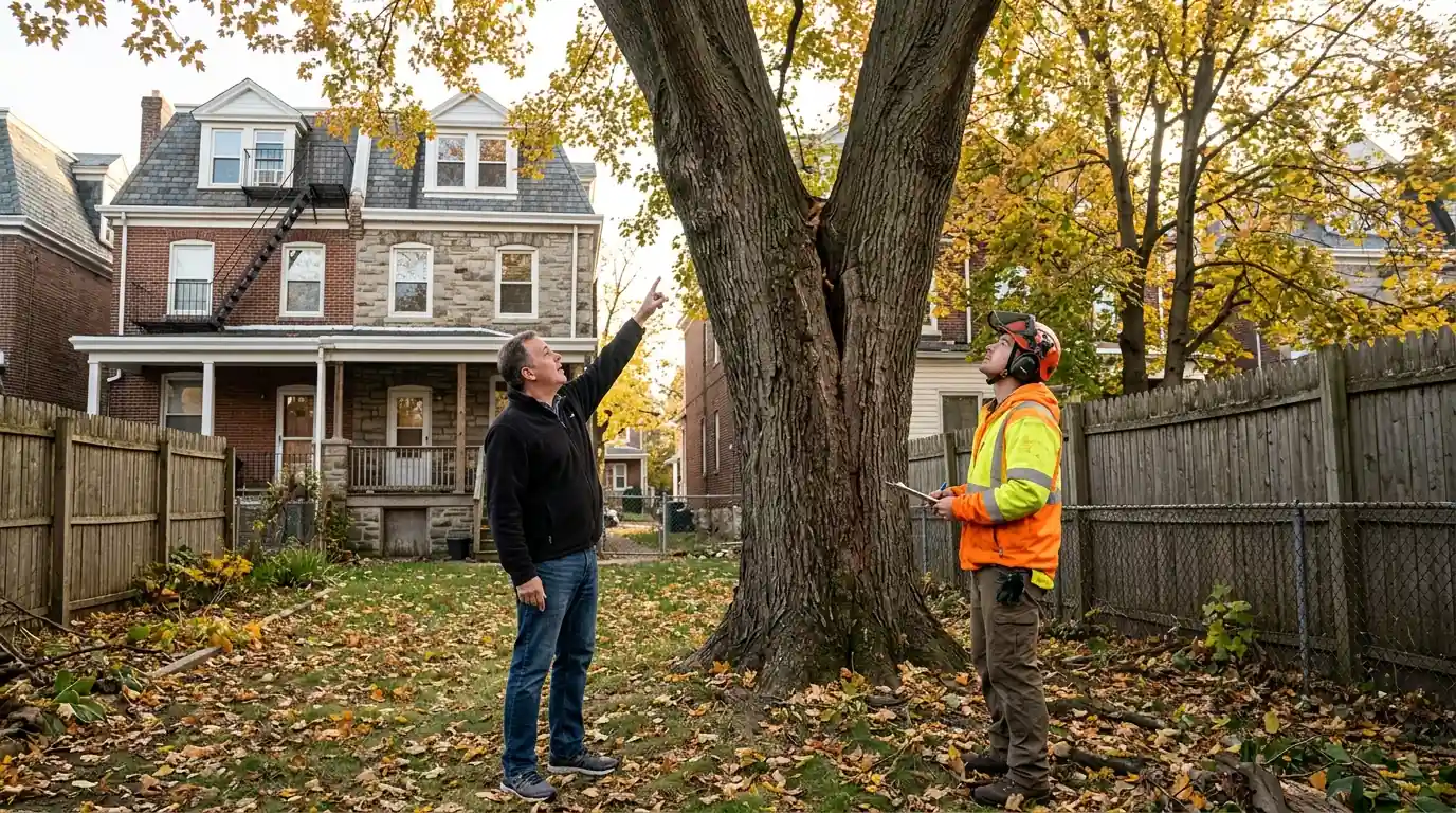 Homeowner pointing at a split fork in a large backyard maple while a tree worker looks up