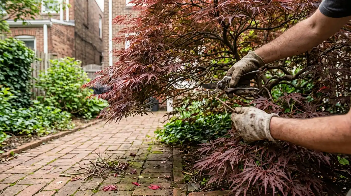 Pruner thinning interior shoots of a red Japanese maple beside a brick path