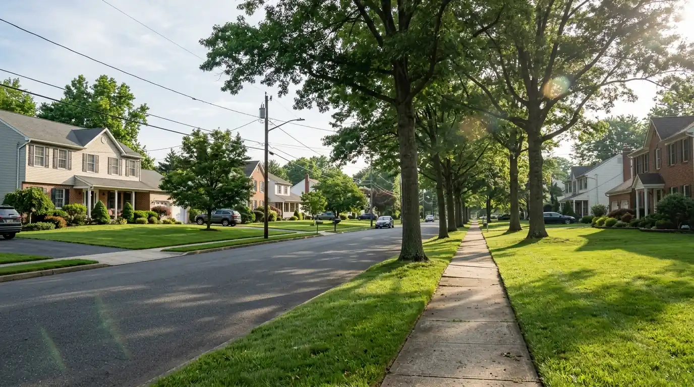 Shade trees in the grass strip between sidewalk and road on a Burlington County street