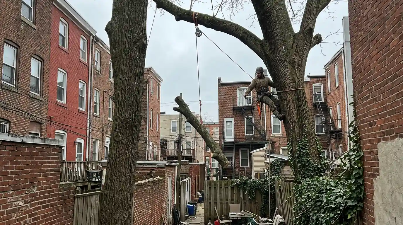 Climber lowering a cut limb by rope into a narrow brick-walled rowhome backyard
