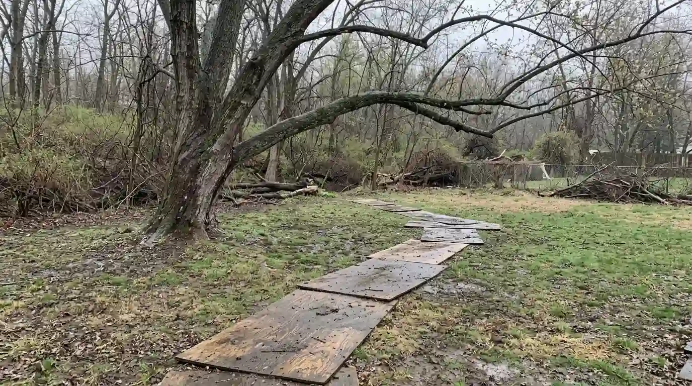 Shade tree leaning over a soggy lawn near a creek bank with plywood laid on the grass