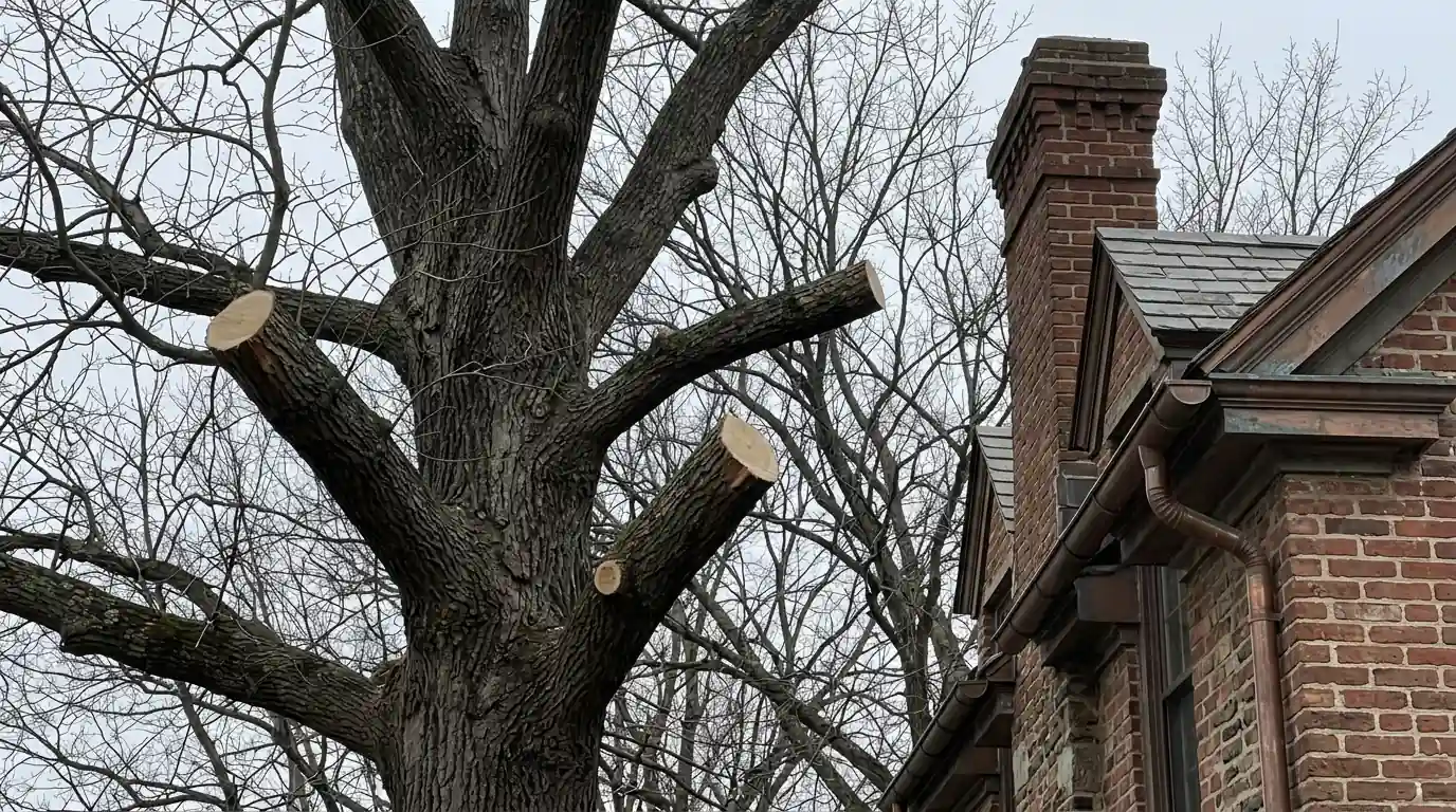 Freshly pruned oak branches ending well clear of a brick chimney and gutter