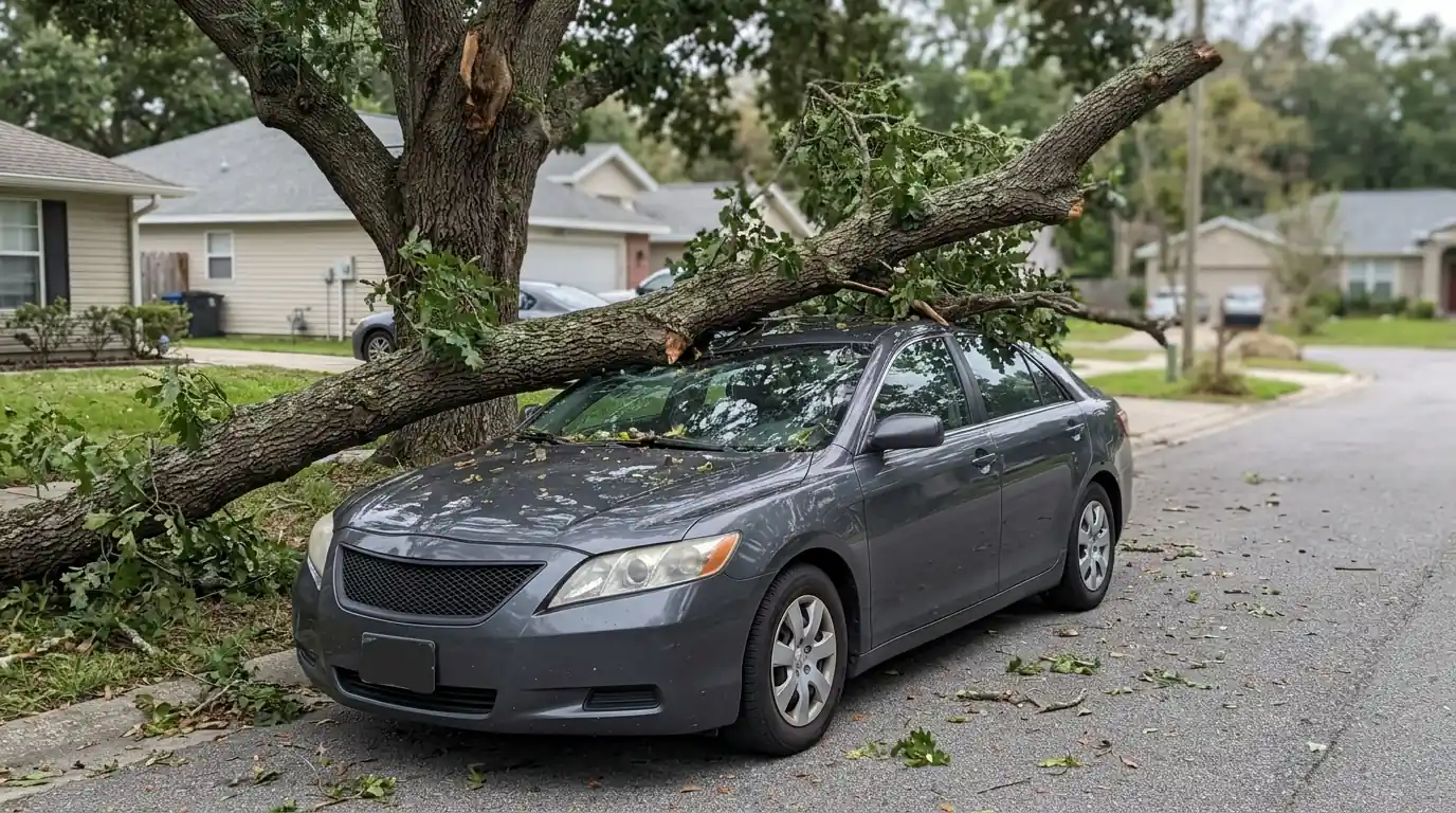 Large oak limb resting on the roof of a parked car on a residential street