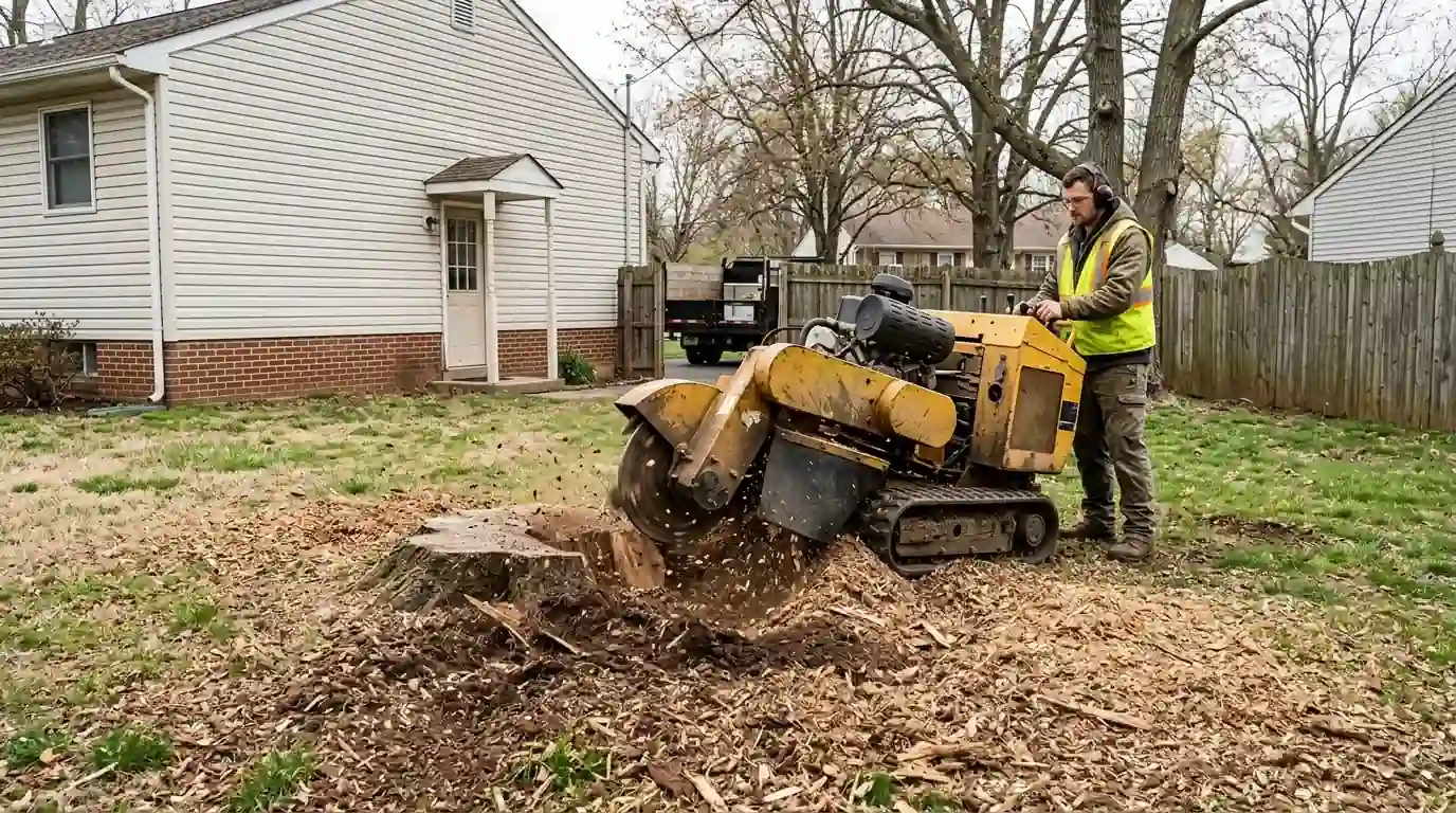 Stump grinder working a wide old stump below grade in a suburban side yard