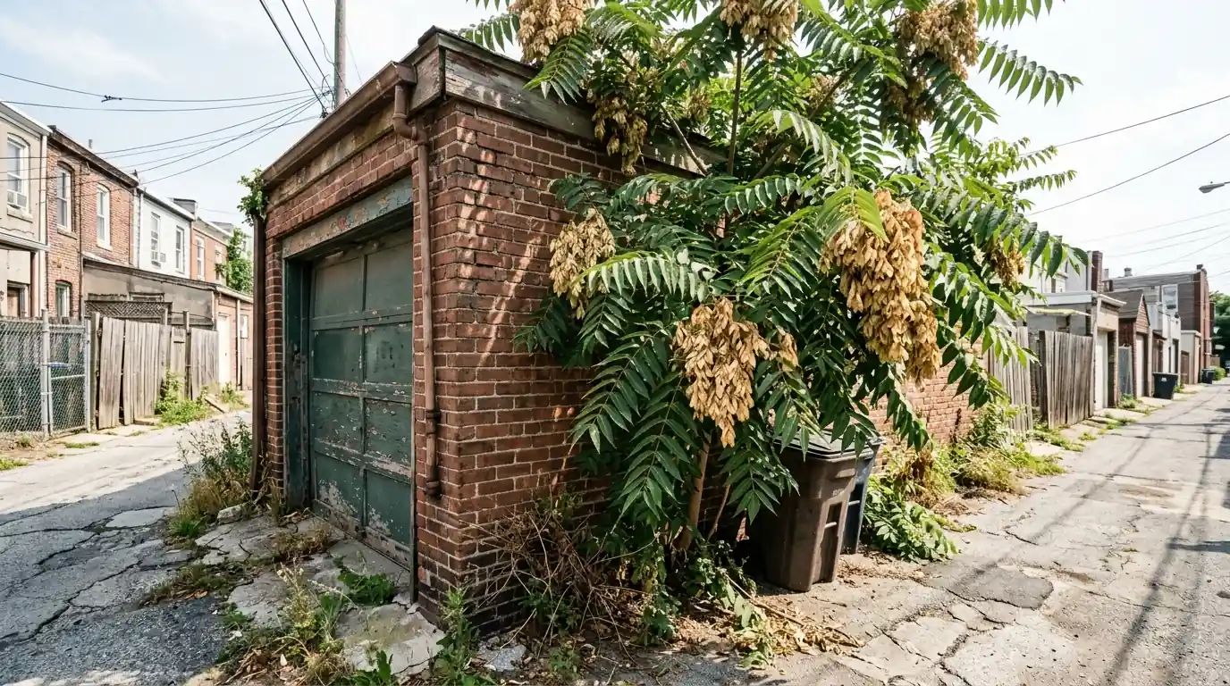 Tree of heaven with long compound leaves and seed clusters beside a brick garage