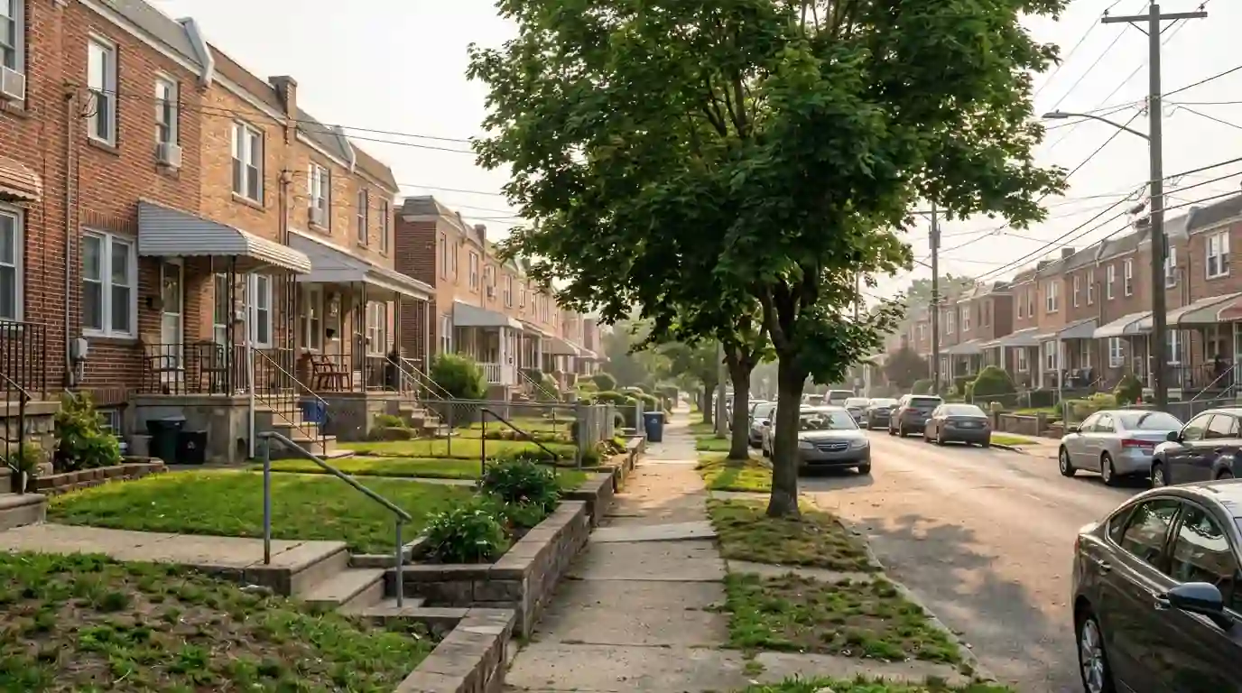 Brick twin homes with maple street trees in Northeast Philadelphia