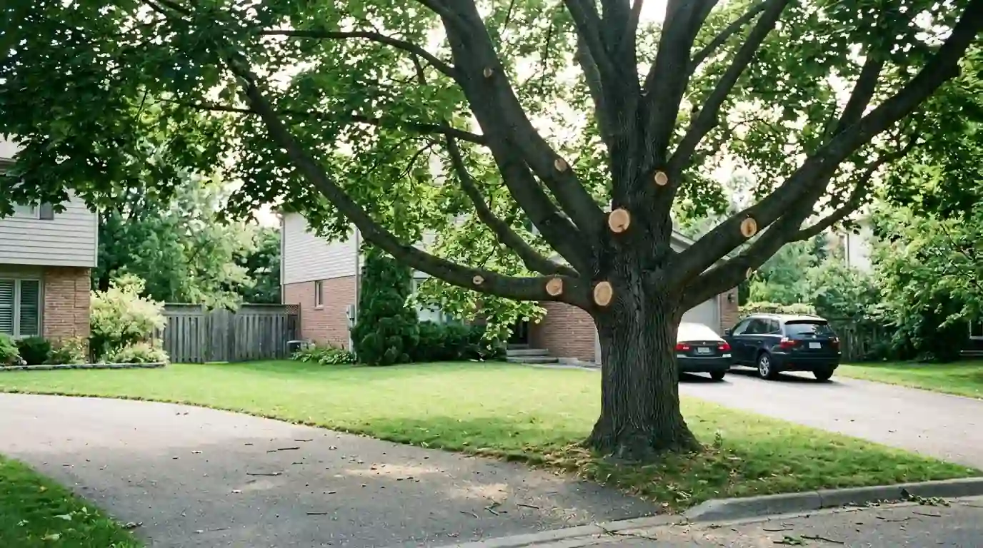 Mature maple with lifted lower limbs above a driveway and parked car