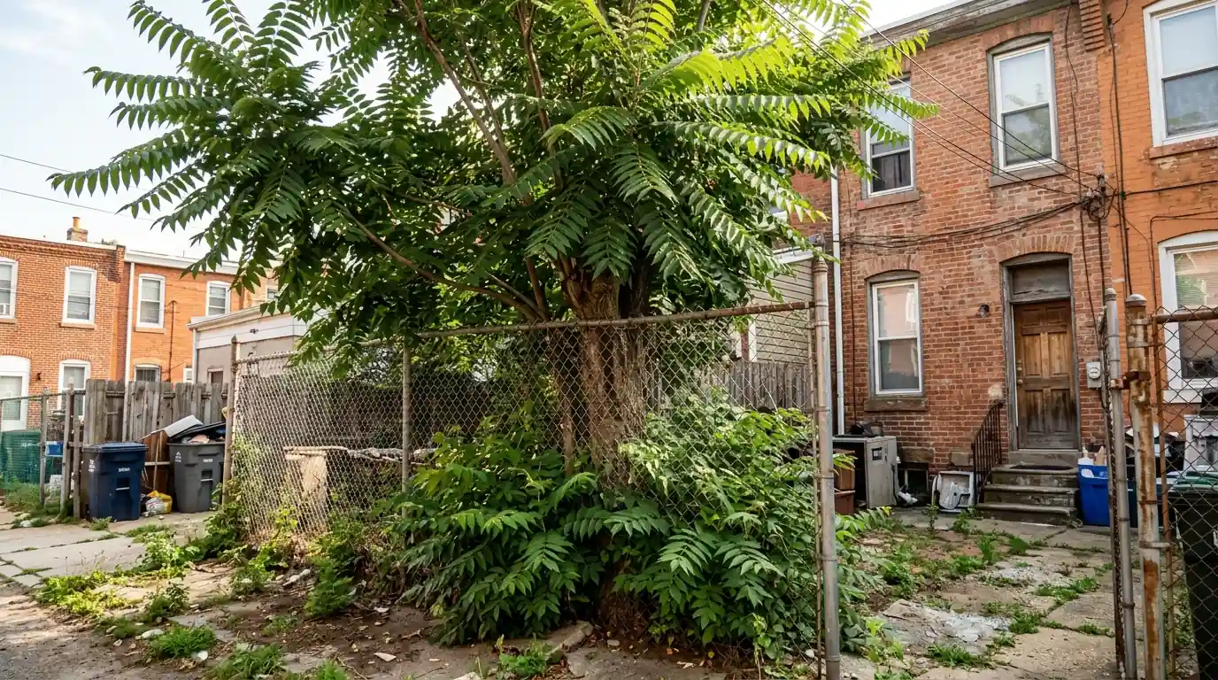 Tree of heaven growing against a chain-link fence with suckers at its base