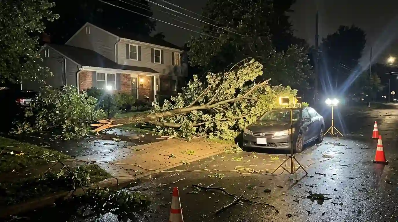 Fallen oak limb across a wet driveway beside a parked car, lit by work lights at night