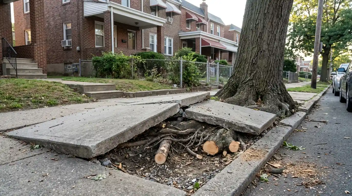 Lifted sidewalk slab and exposed street-tree roots in front of a Rhawnhurst twin