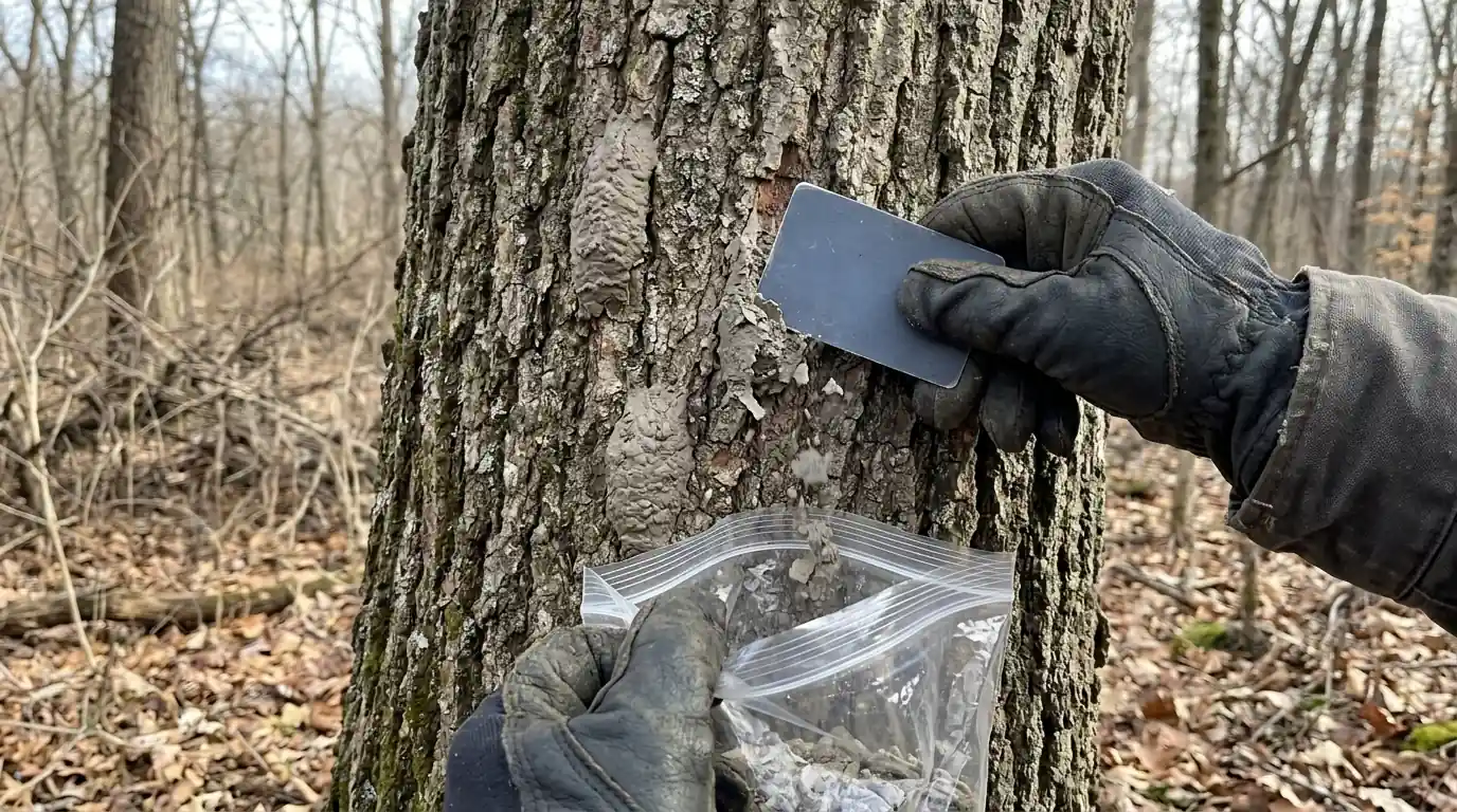 Lanternfly egg masses being scraped off a tree trunk in winter