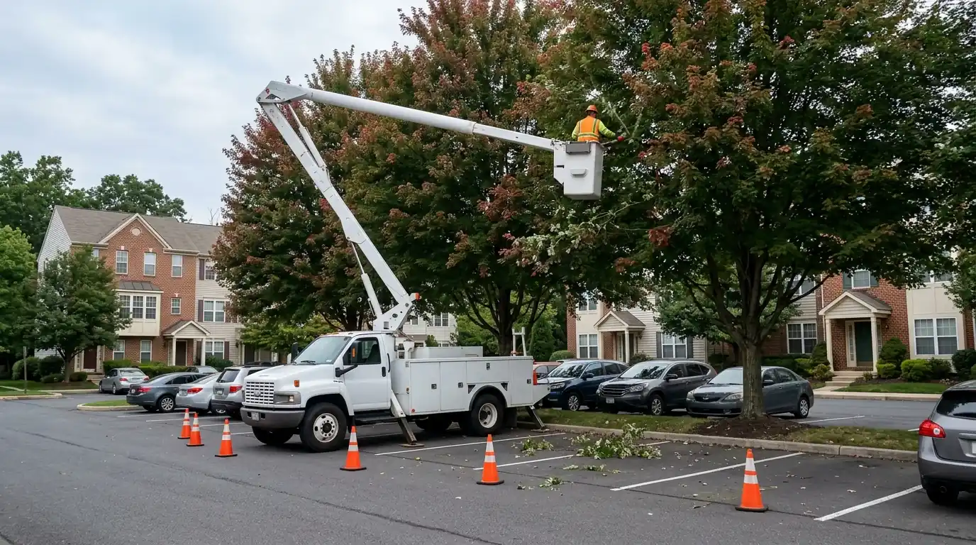 Bucket truck pruning maples over a coned-off townhome parking lot