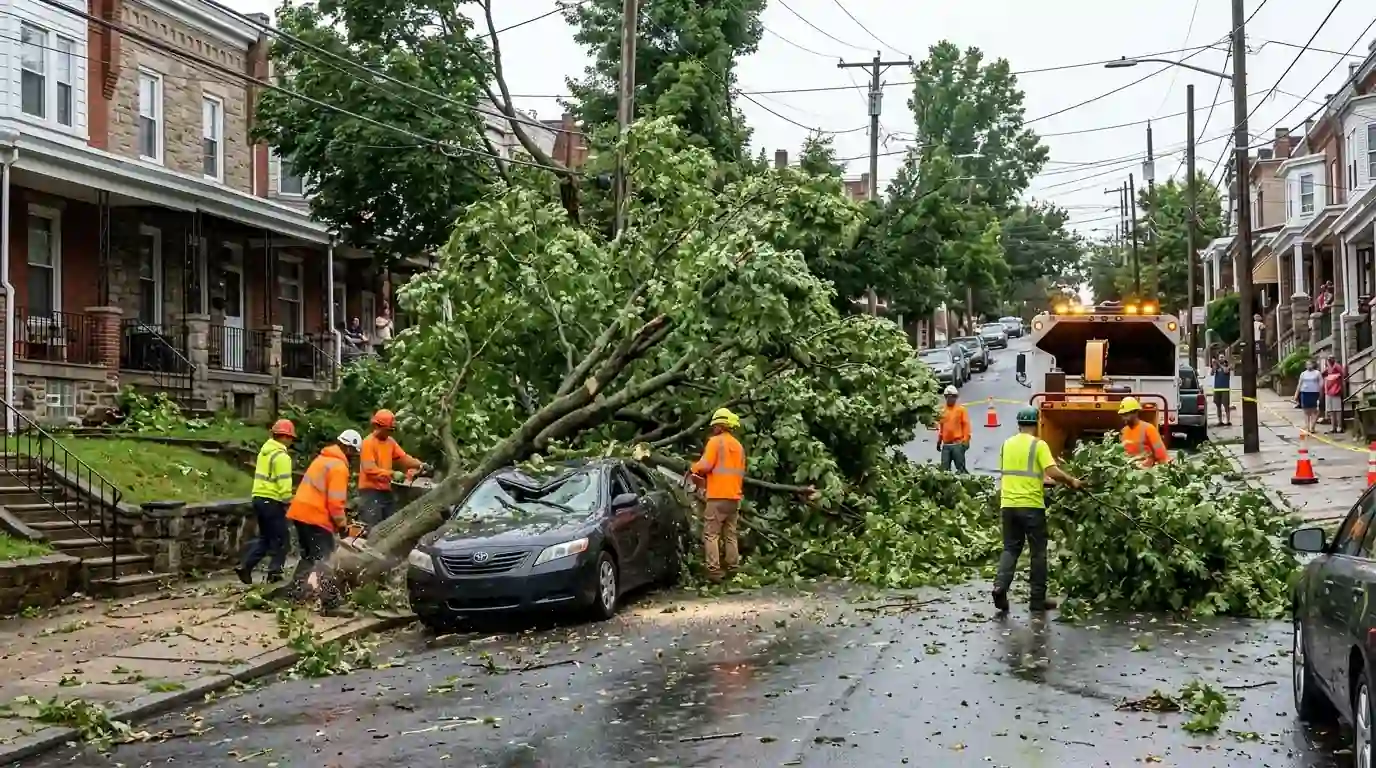 Crew cutting a fallen street tree off a crushed parked car on a hilly rowhome block