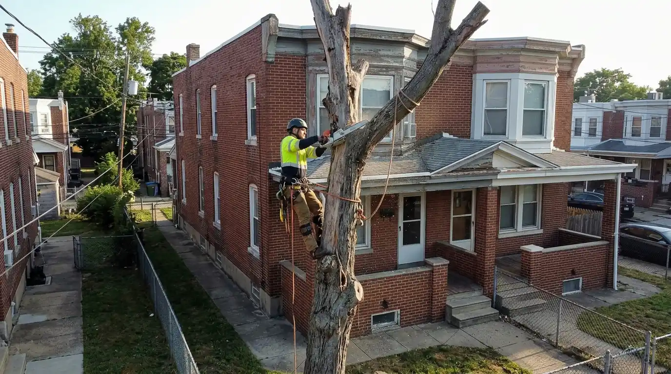 Climber cutting the top off a dead maple beside a brick twin home