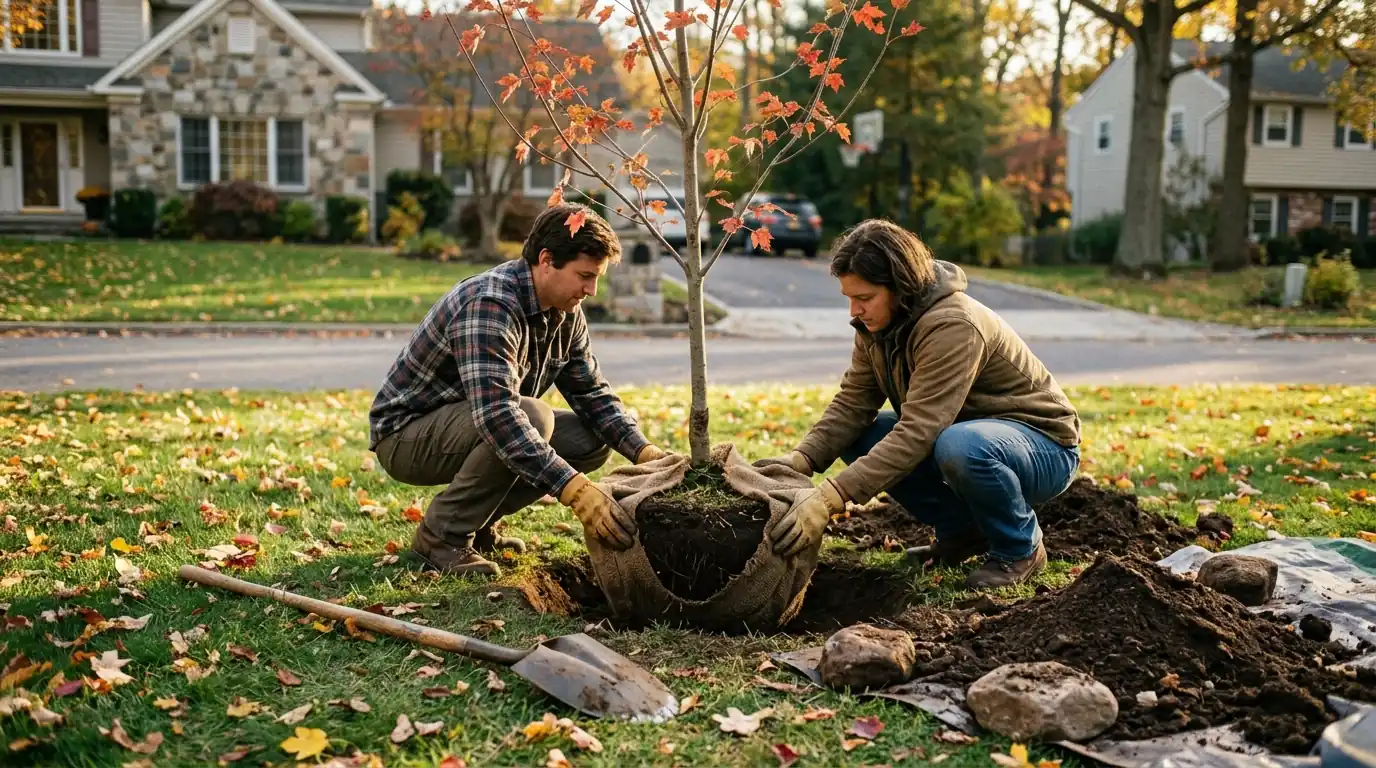 Balled and burlapped young maple set into a wide shallow planting hole
