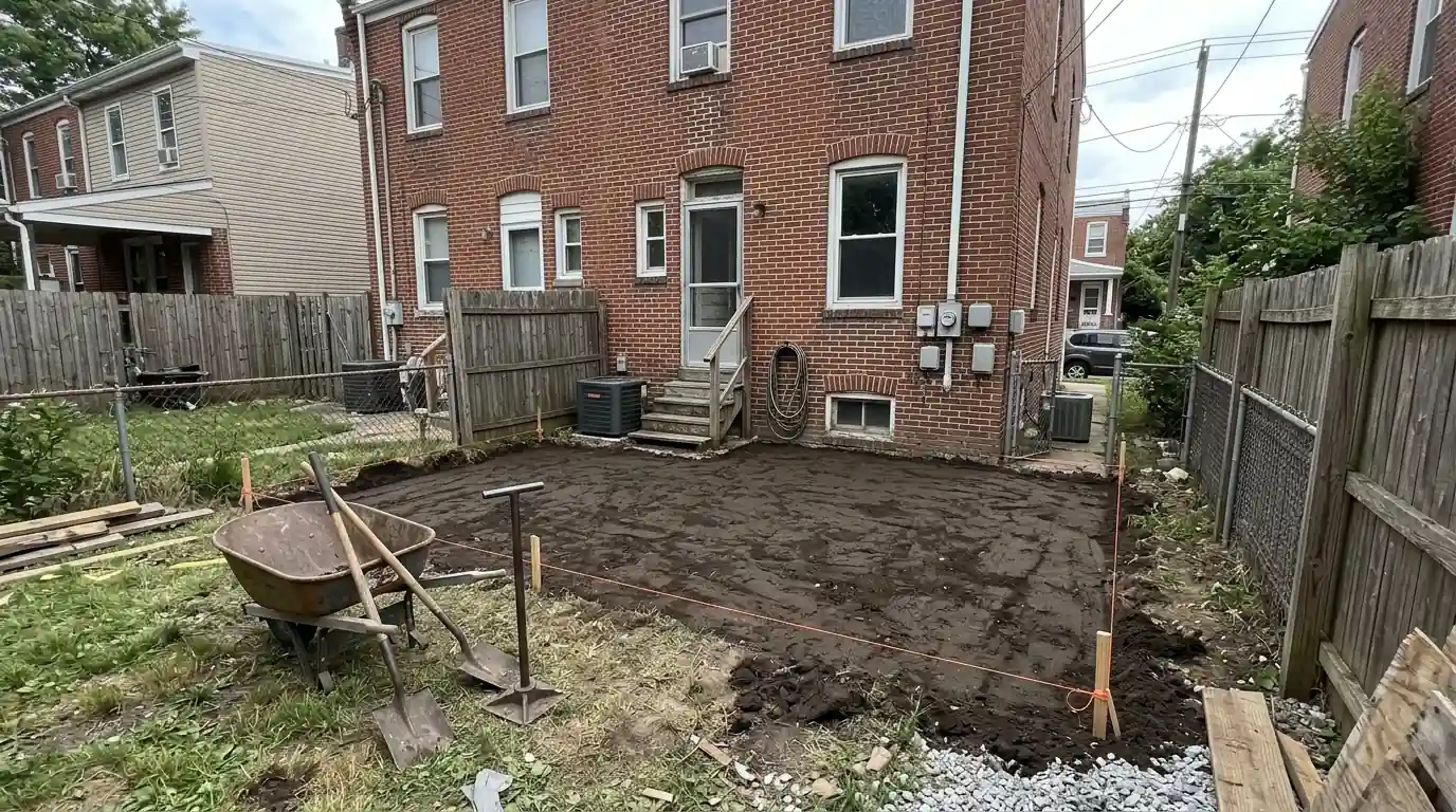 Backfilled stump hole inside a staked patio outline behind a brick twin house