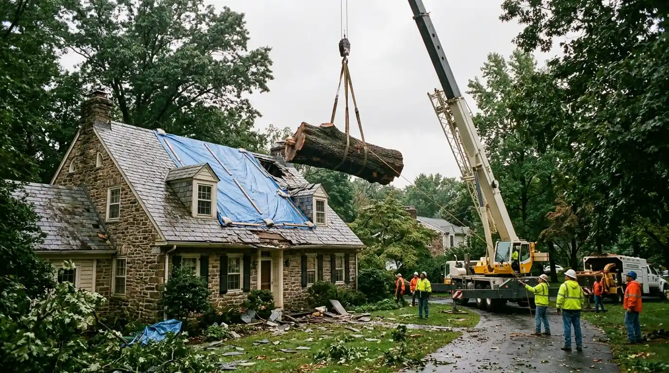 Crane lifting a trunk section off the roof of a stone colonial home