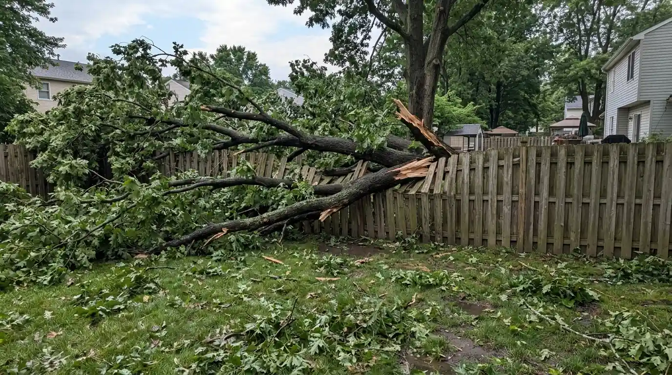 Broken oak limbs piled across a backyard fence after a thunderstorm
