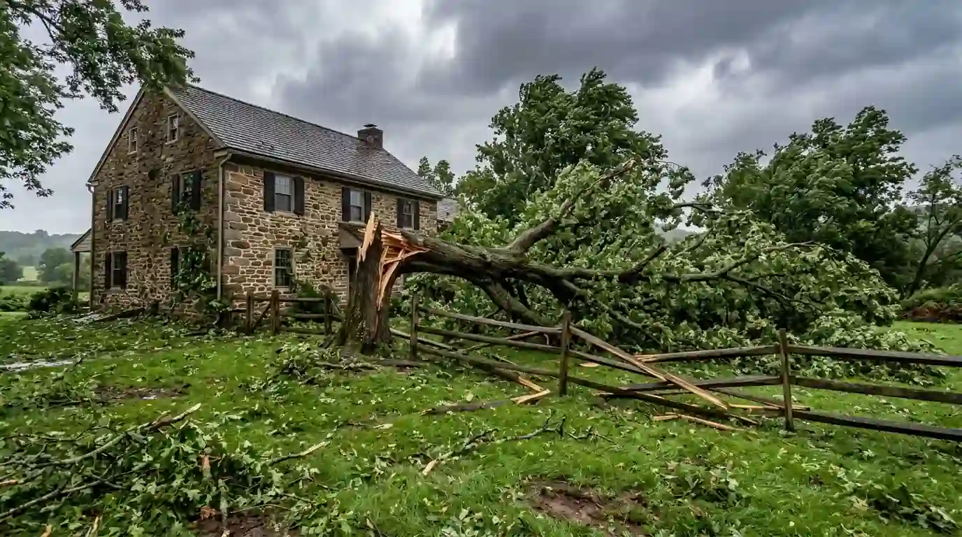 Snapped shade tree lying across a split rail fence beside a stone farmhouse