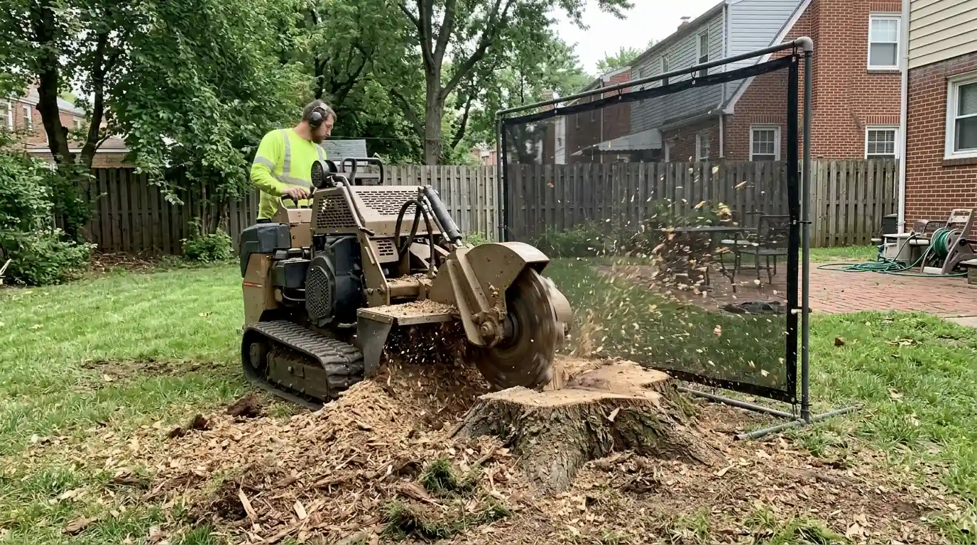 Stump grinder chewing an oak stump down below the lawn