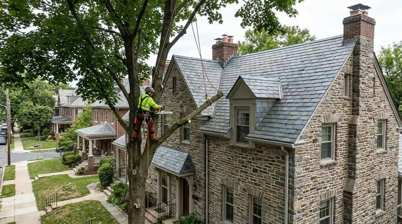 Climber cutting a maple limb back from the slate roof of a stone twin home
