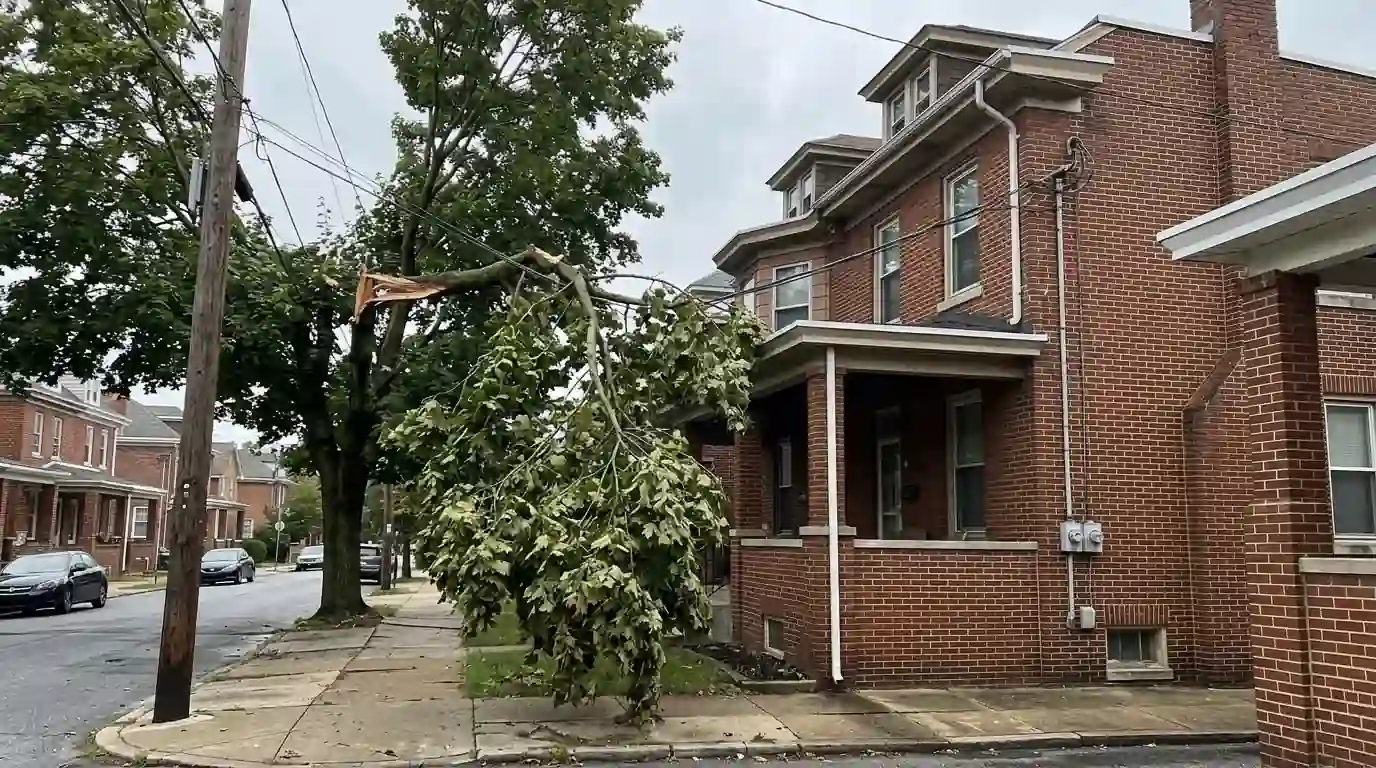 Broken maple limb draped over the service wire running to a brick twin house