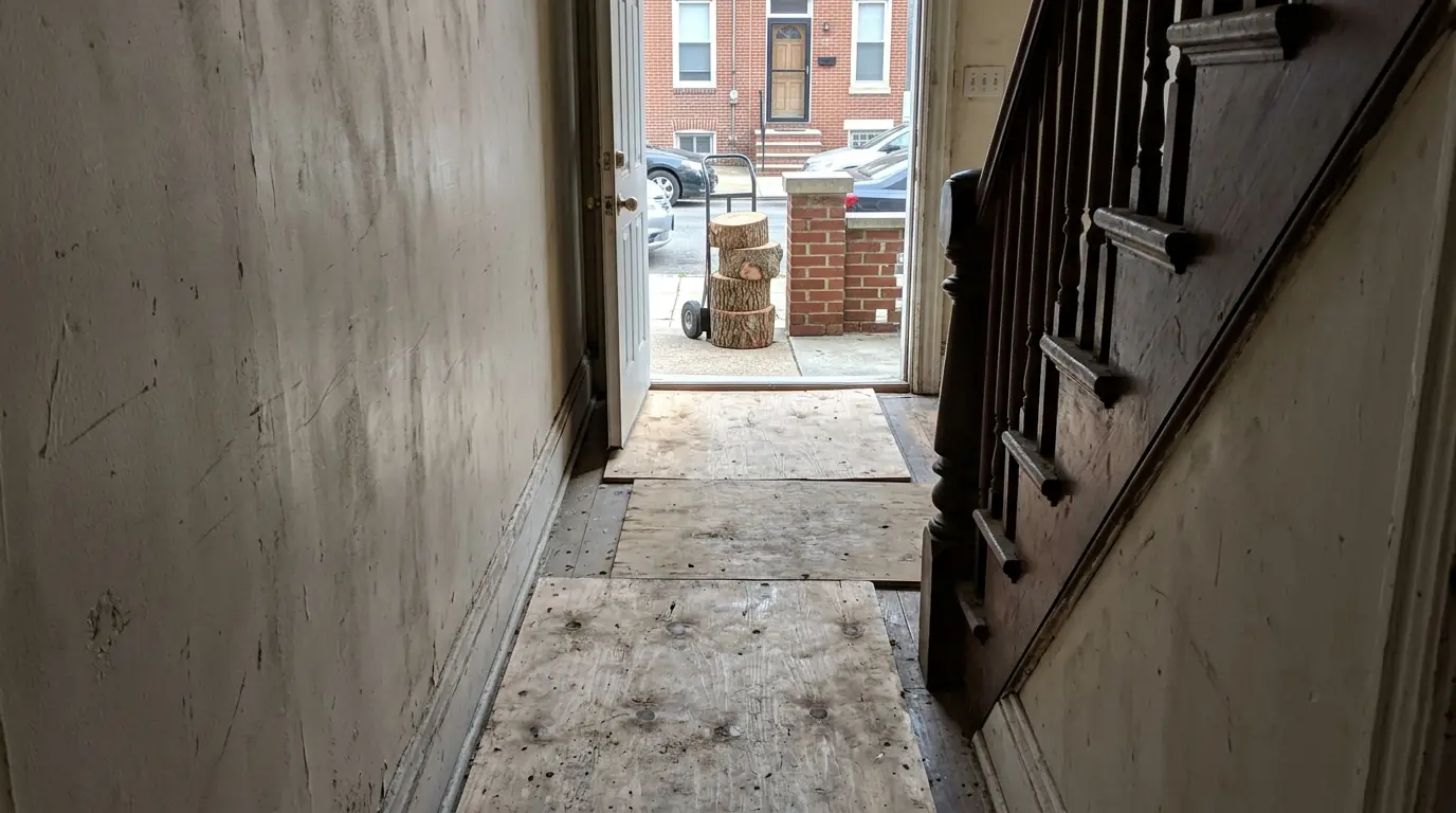 Plywood runners down a rowhome hallway with log rounds on a hand truck outside the front door