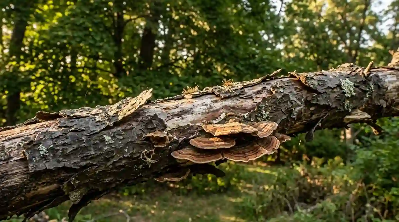 Dead maple branch with peeling bark and shelf fungus among green leaves