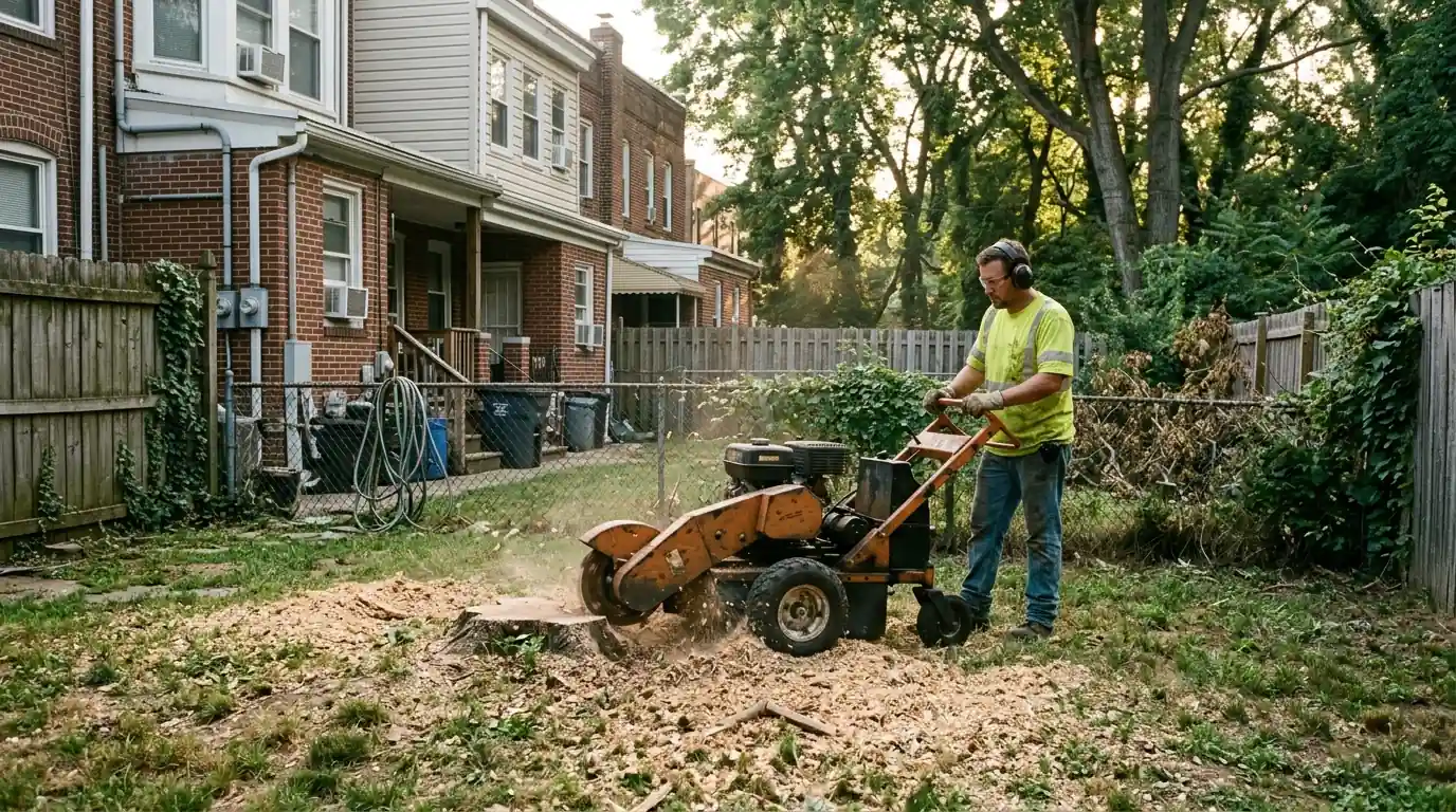 Compact stump grinder working in a fenced back yard with fresh chips on the lawn