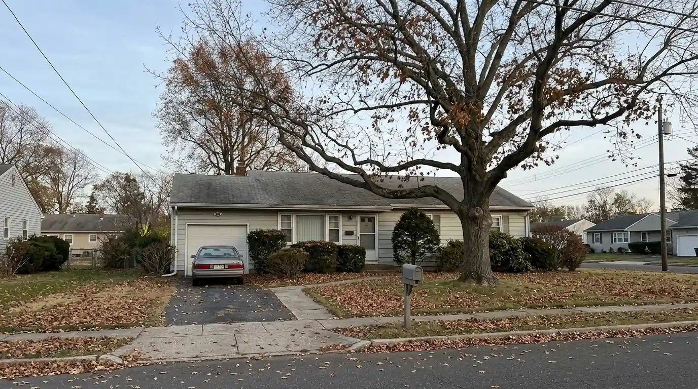 Levittown ranch house with a large mature maple spreading over the roof