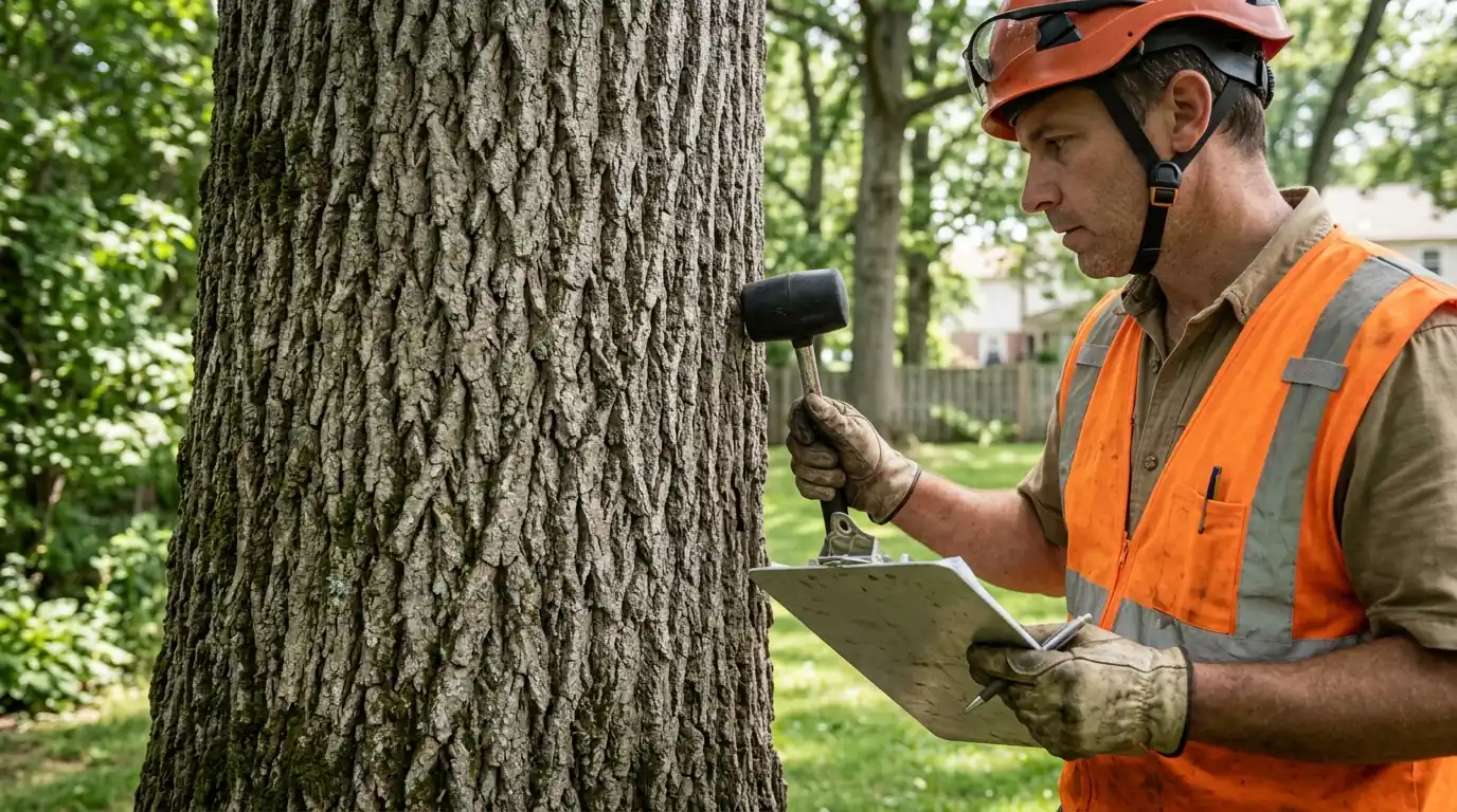 Steel cable strung between two upper leaders of a large shade tree