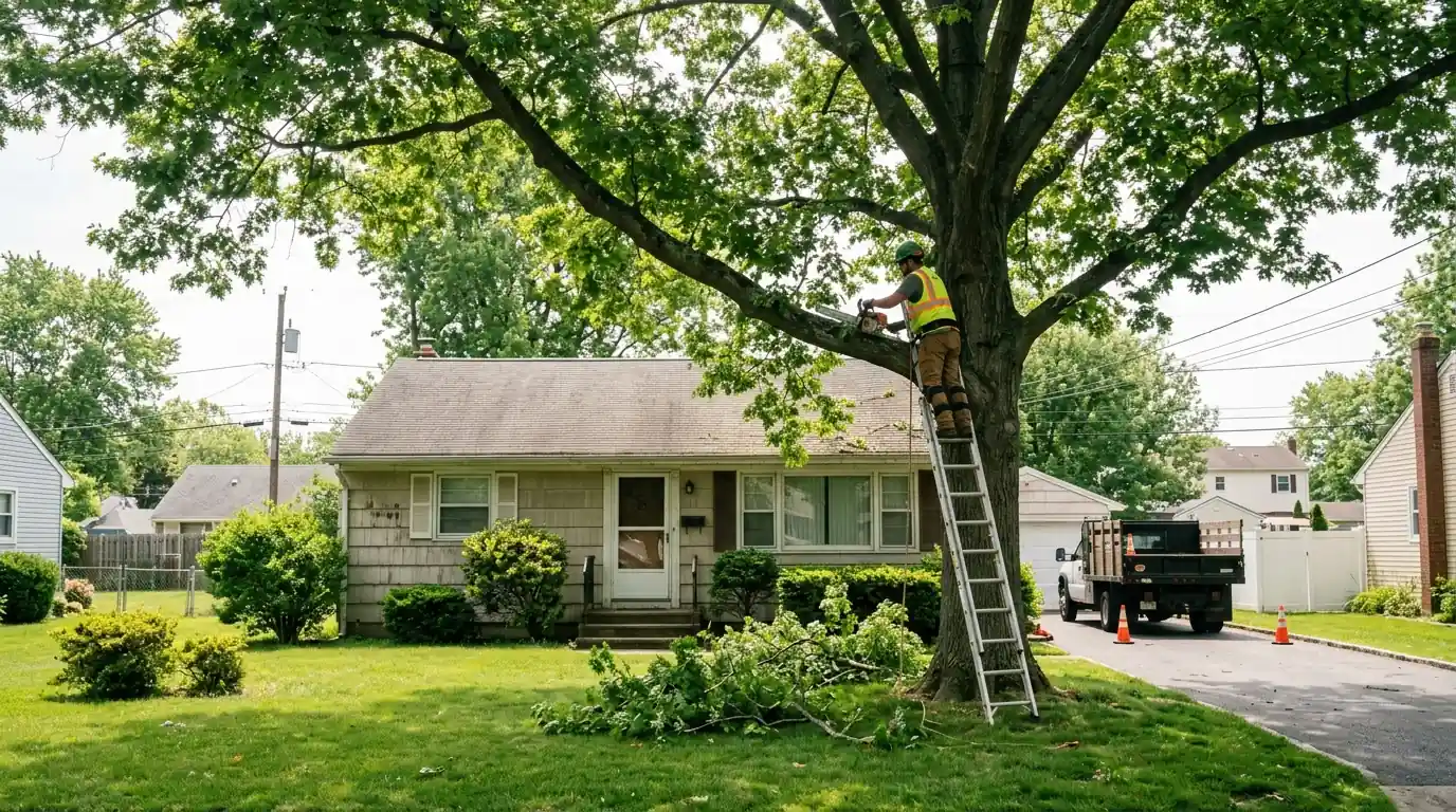 Arborist trimming a limb back from the roof of a modest postwar ranch house