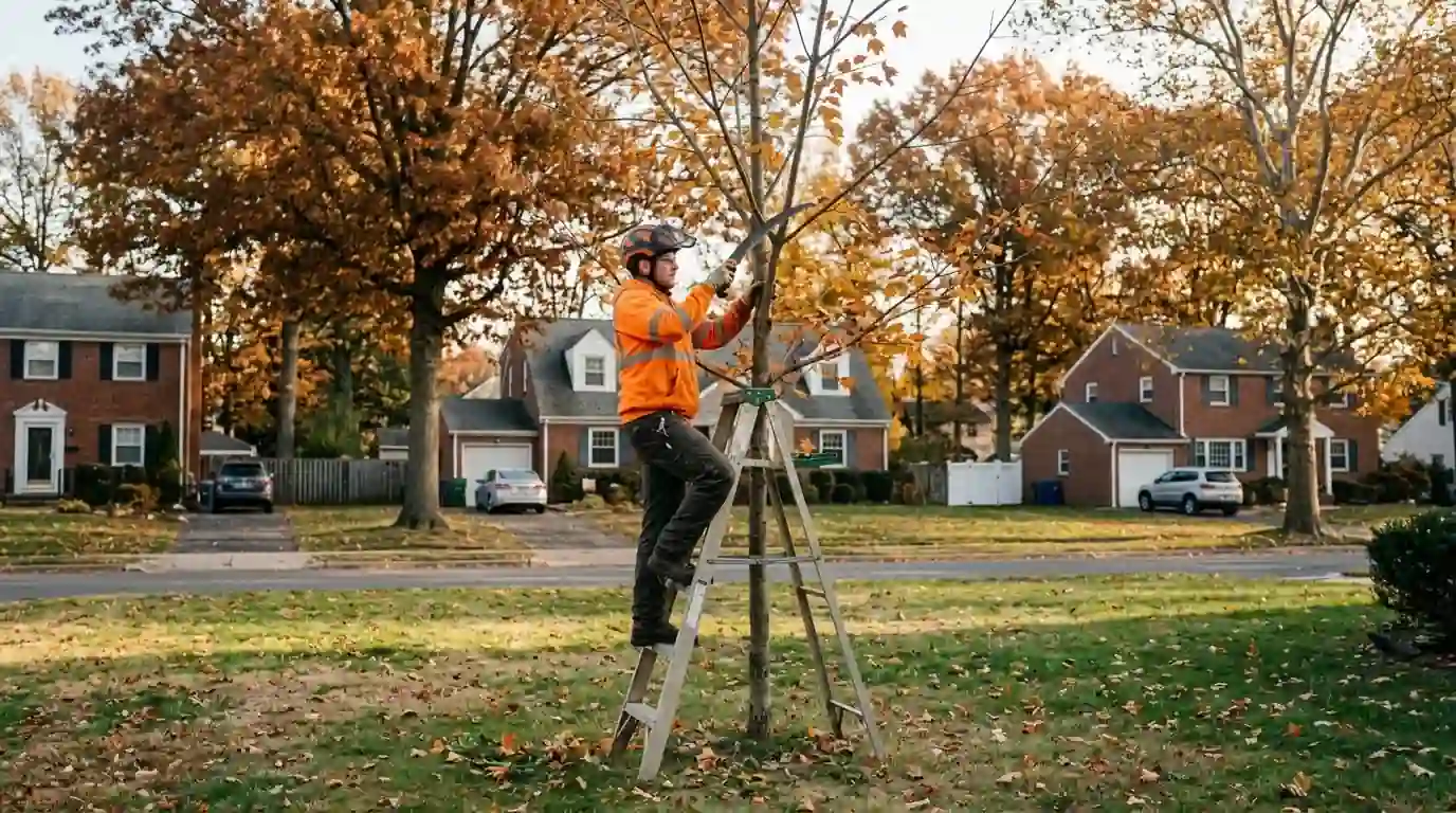Arborist pruning a competing leader on a young yard tree with a hand saw