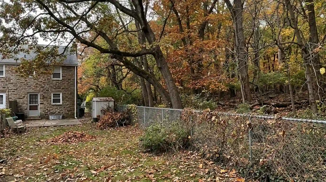 Tall park trees leaning over the back fence of a Fox Chase twin home