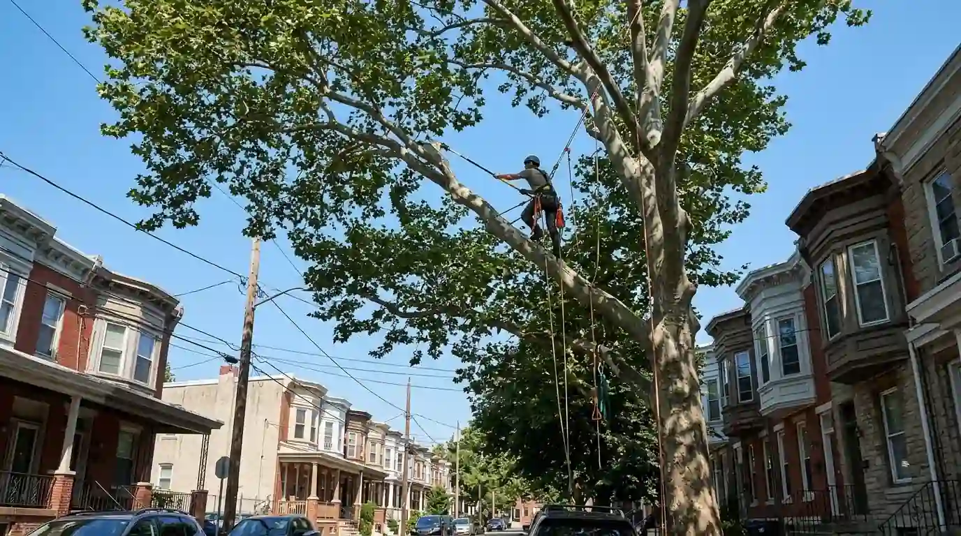 Pruned apple tree with an open, airy canopy in a backyard garden