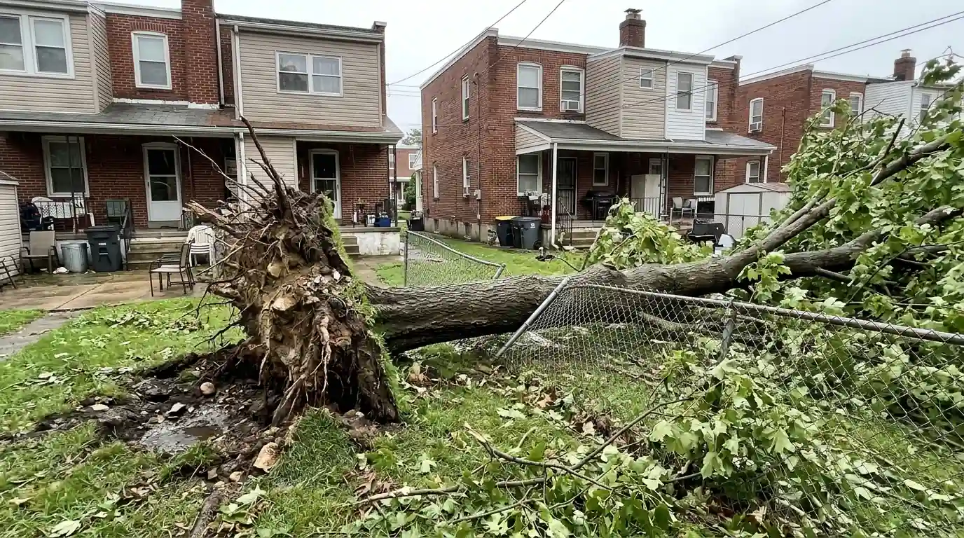 Uprooted maple lying across a crushed chain link fence between two twin homes