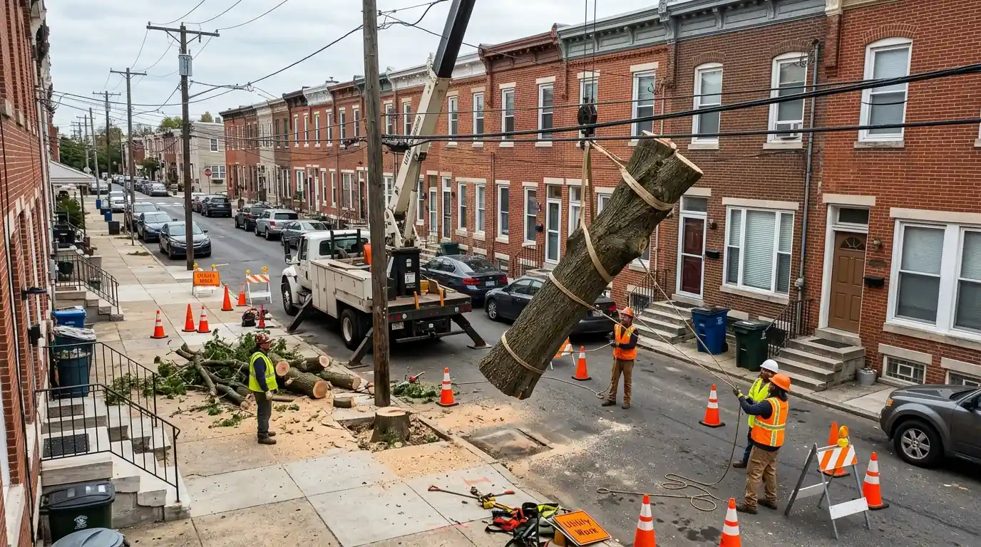 Street tree being lowered in sections onto a coned-off rowhome sidewalk